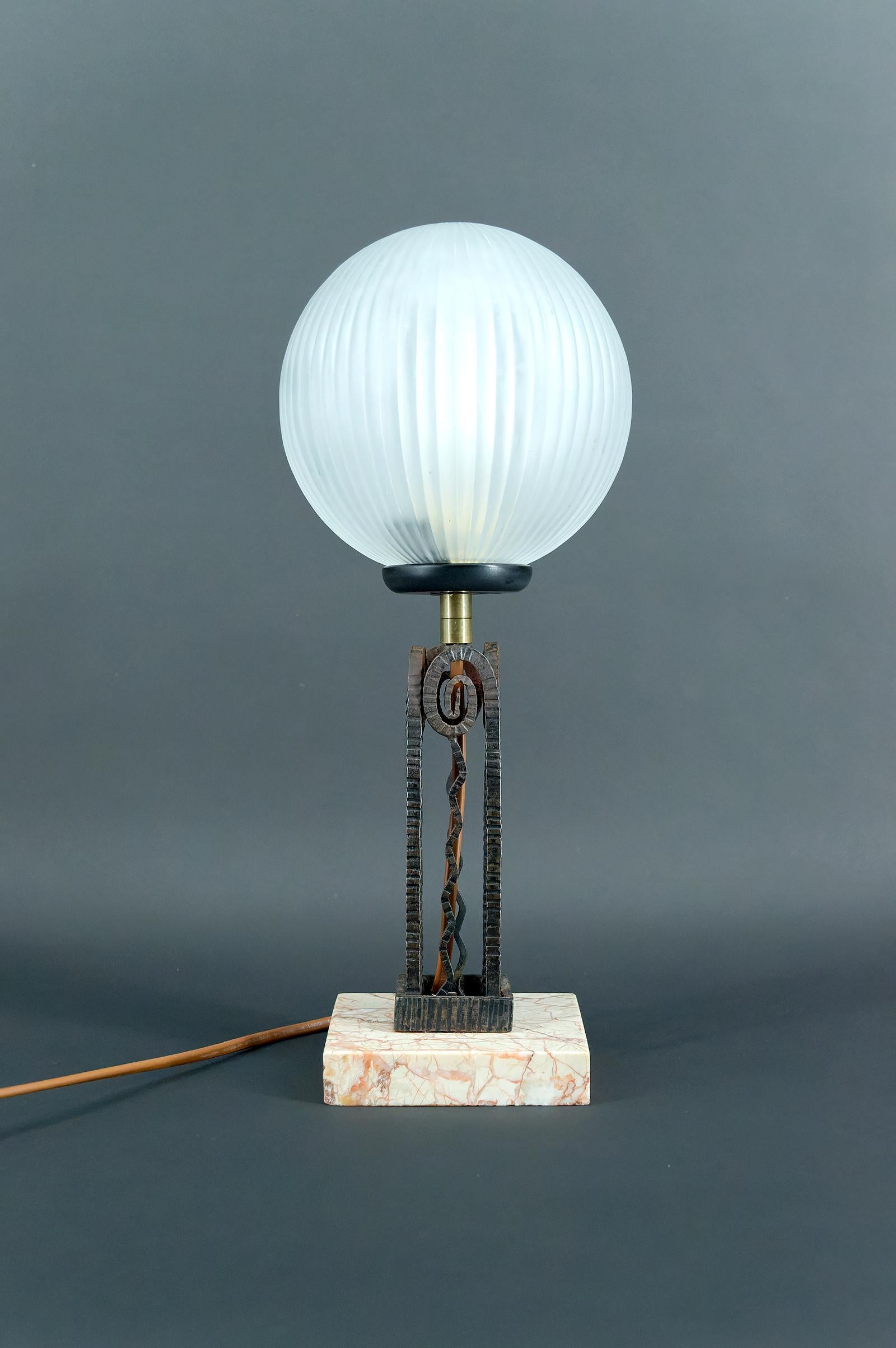 Mid-20th Century Wrought Iron, Marble & Glass Art Deco Lamp, France, Circa 1930 For Sale