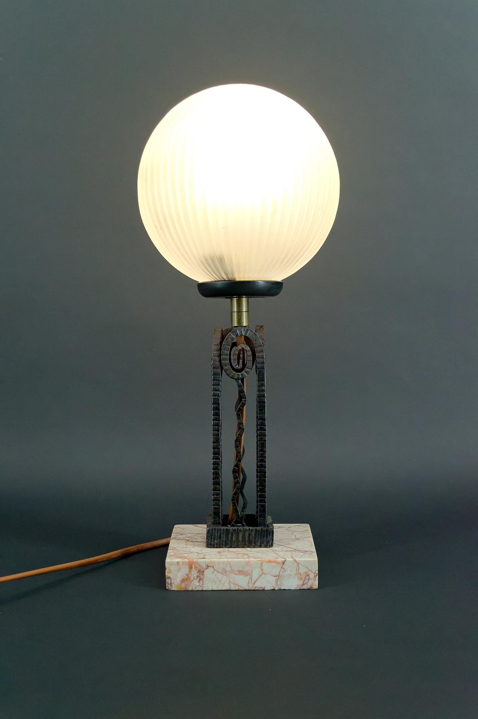 Wrought Iron, Marble & Glass Art Deco Lamp, France, Circa 1930 For Sale 1