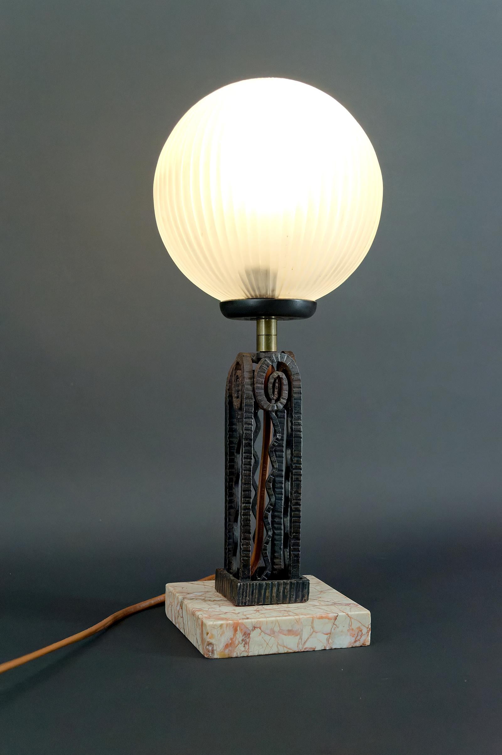 Wrought Iron, Marble & Glass Art Deco Lamp, France, Circa 1930 For Sale 2