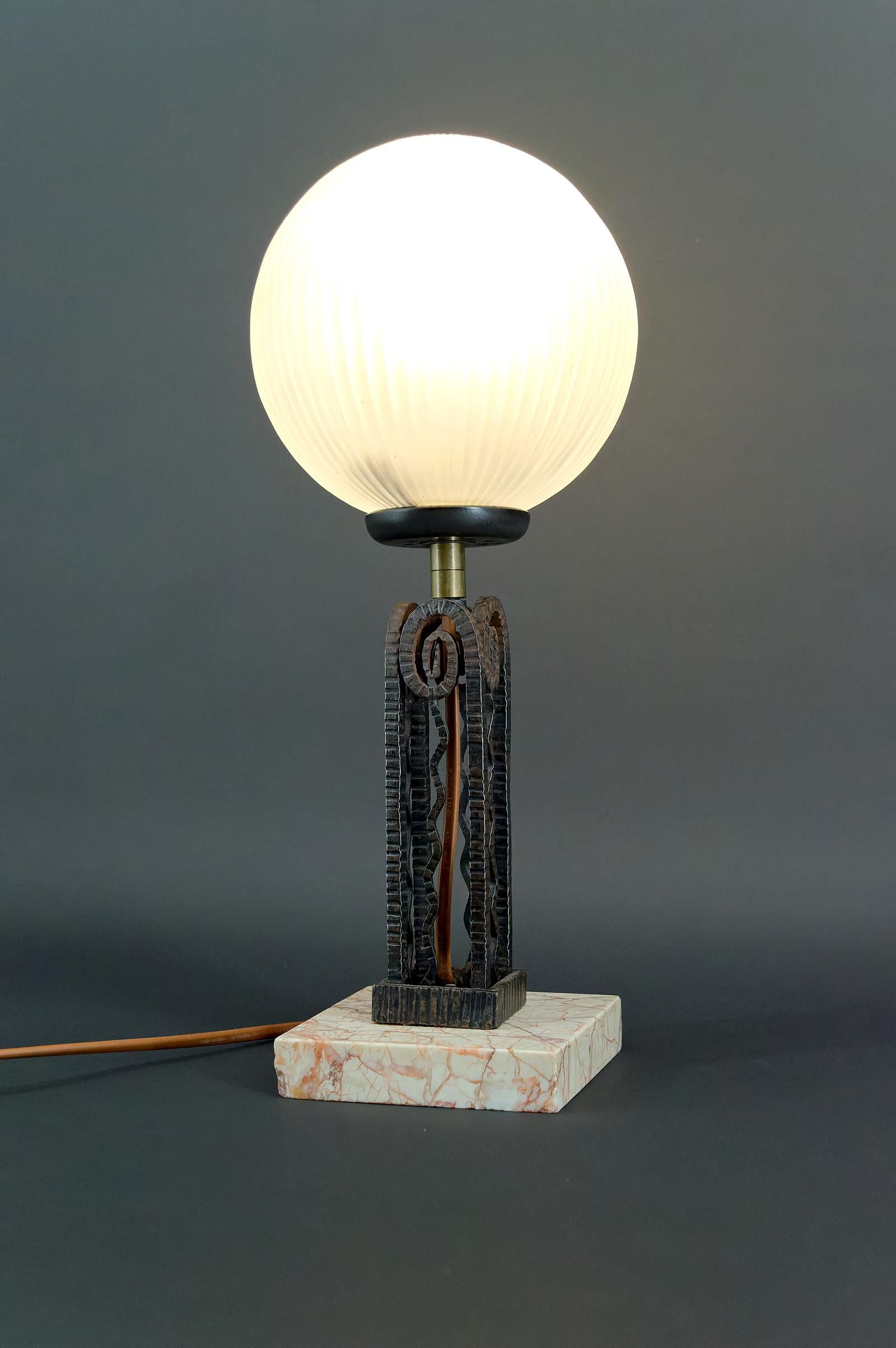Wrought Iron, Marble & Glass Art Deco Lamp, France, Circa 1930 For Sale 3