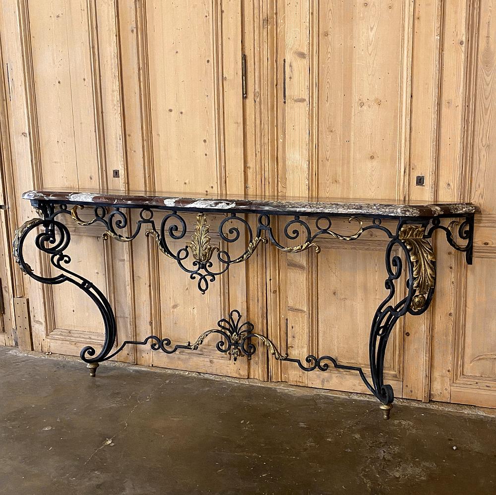 Hand-Crafted Wrought Iron Marble Top Console, French Louis XIV Style, 19th Century
