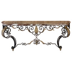 Wrought Iron Marble Top Console, French Louis XIV Style, 19th Century