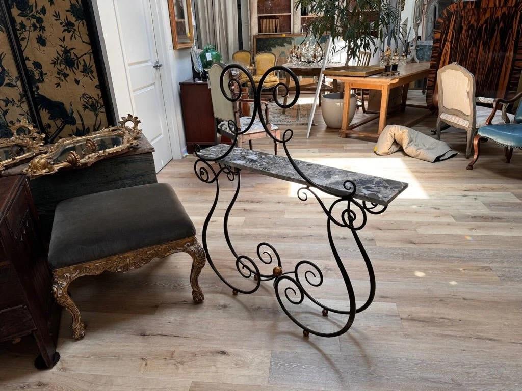 Unknown Wrought Iron Marble Top Console Table For Sale