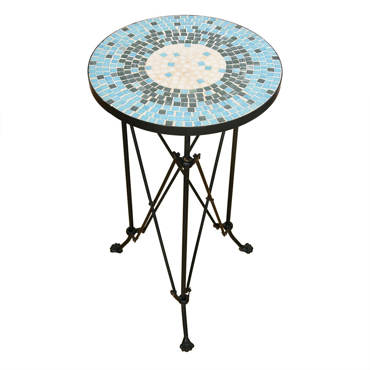 Wrought Iron midcentury Mosaic Tile Top Accent Table

Additional information:
Material: Iron
Featured at Kensington.:
Here we have a round accent table with a Mosaic Tile surface and metal trim and legs. This is perfect as an sunroom side table
