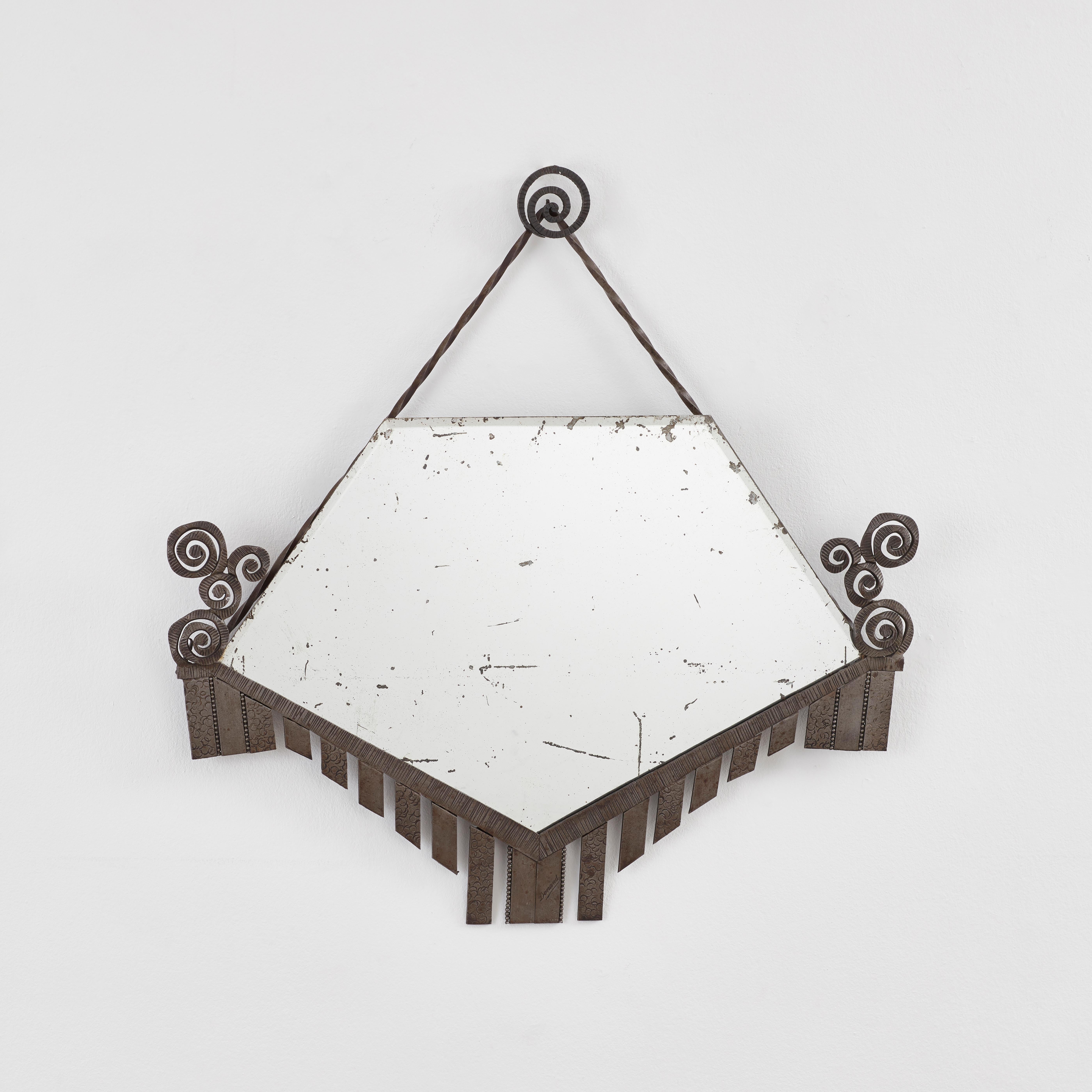 Art Deco Wrought iron mirror signed Denand - France, 1930 For Sale