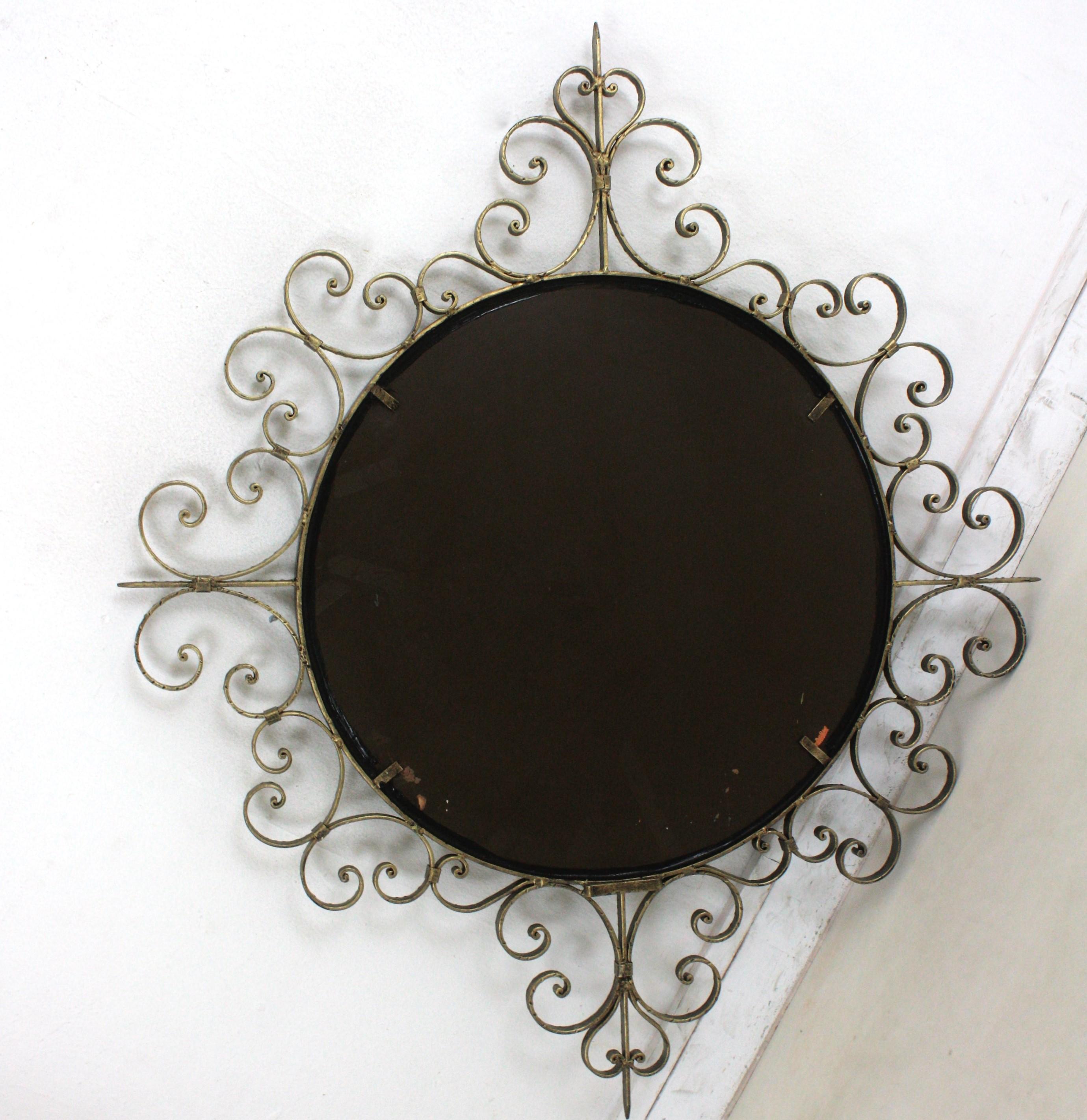 Wrought Iron Mirror with Scroll Work Frame, Spain, 1940s For Sale 3