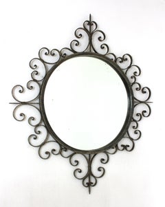 Wrought Iron Mirror with Scroll Work Frame, Spain, 1940s