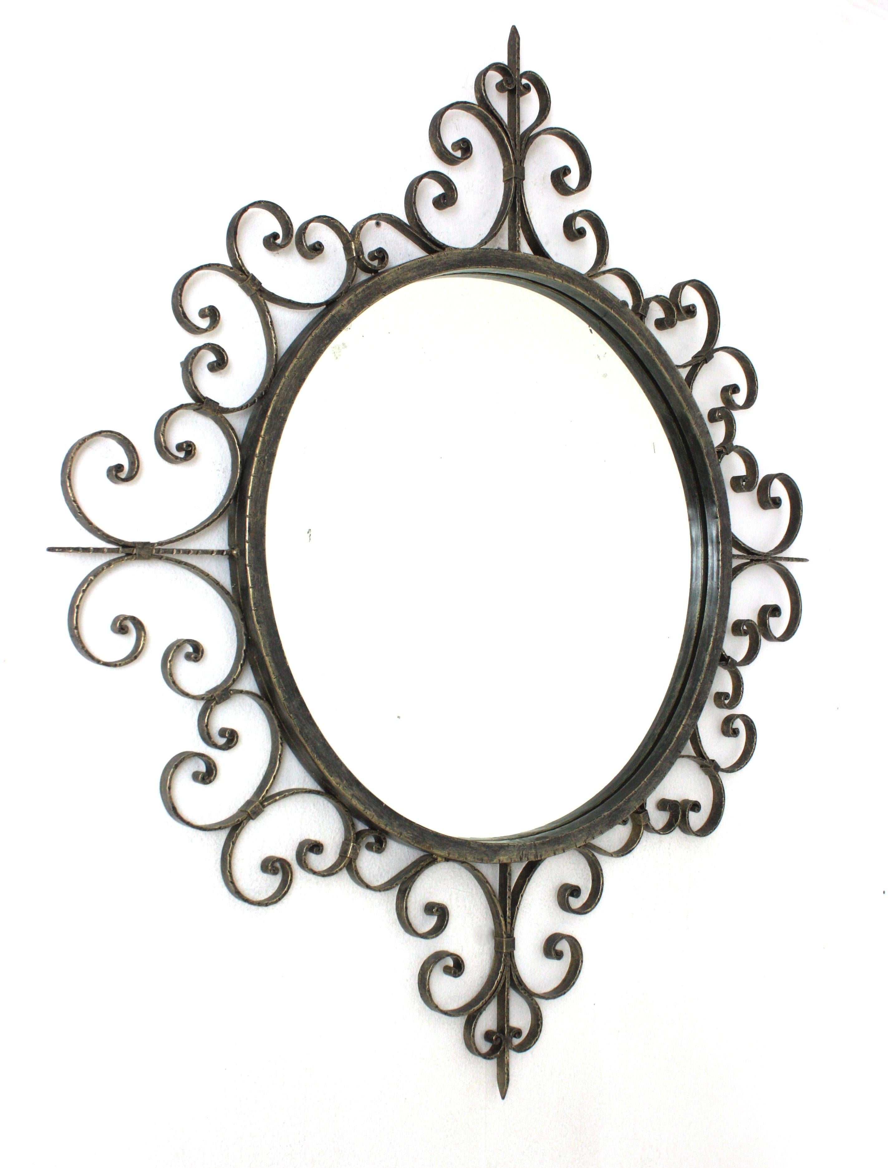 Mid-Century Modern Wrought Iron Mirror with Scroll Work Frame, Spain, 1940s For Sale