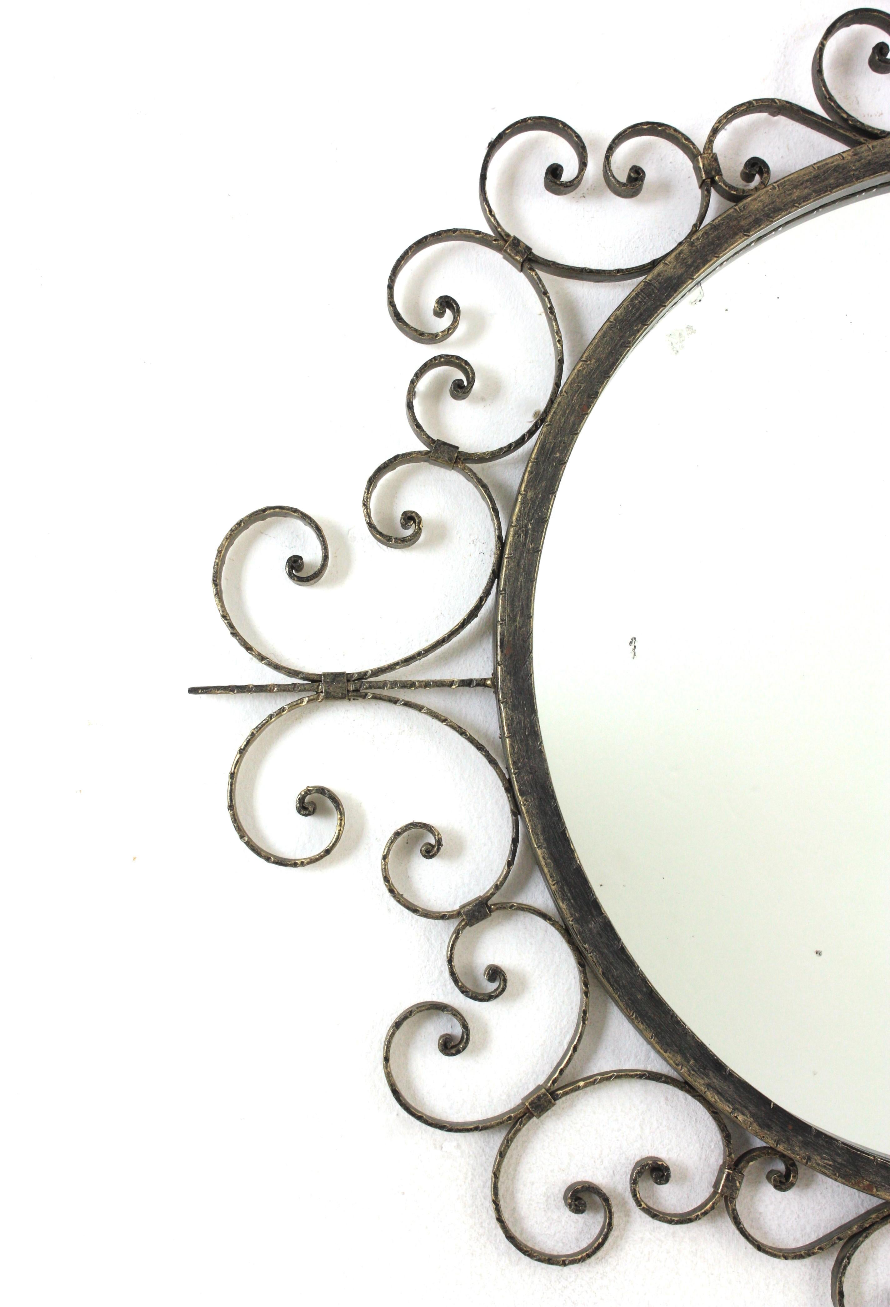Spanish Wrought Iron Mirror with Scroll Work Frame, Spain, 1940s For Sale