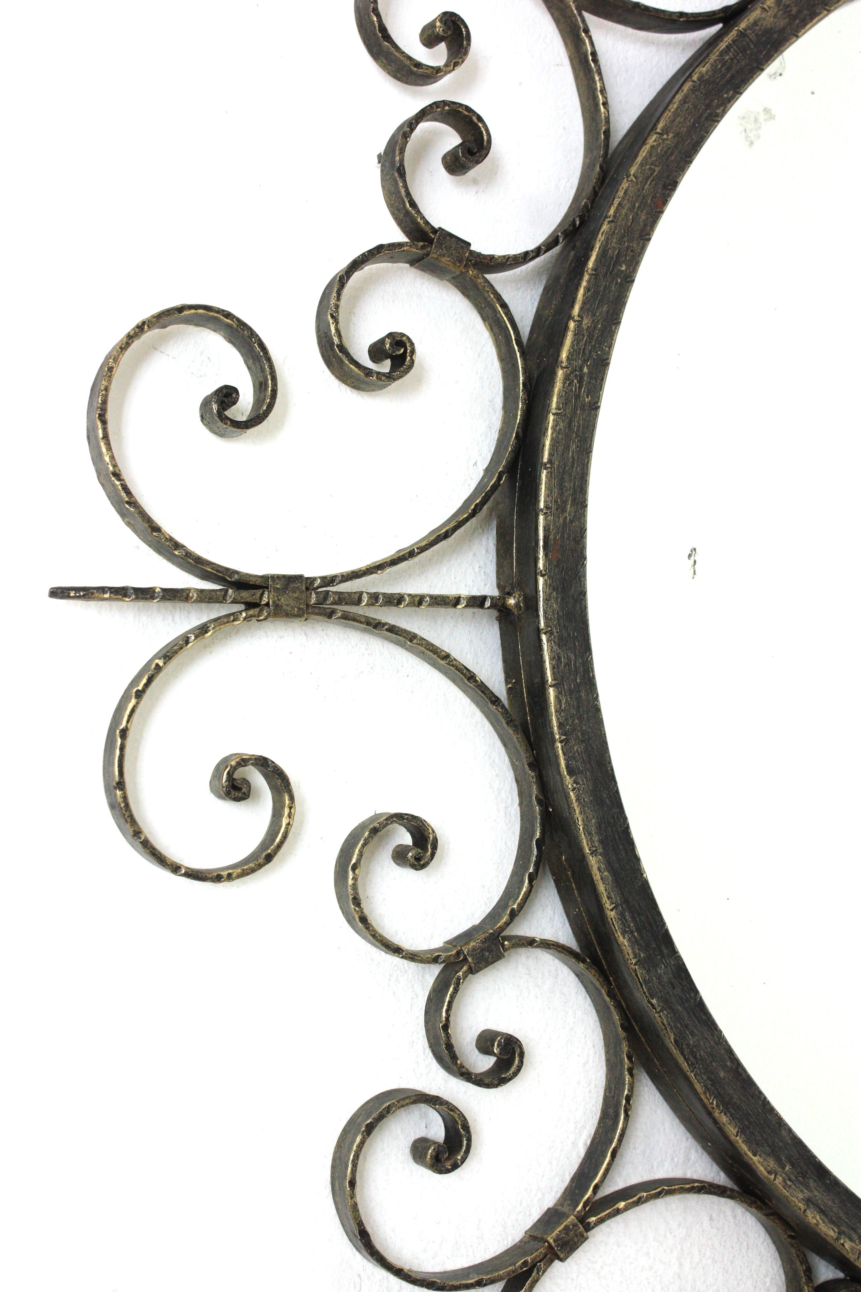 Hammered Wrought Iron Mirror with Scroll Work Frame, Spain, 1940s For Sale