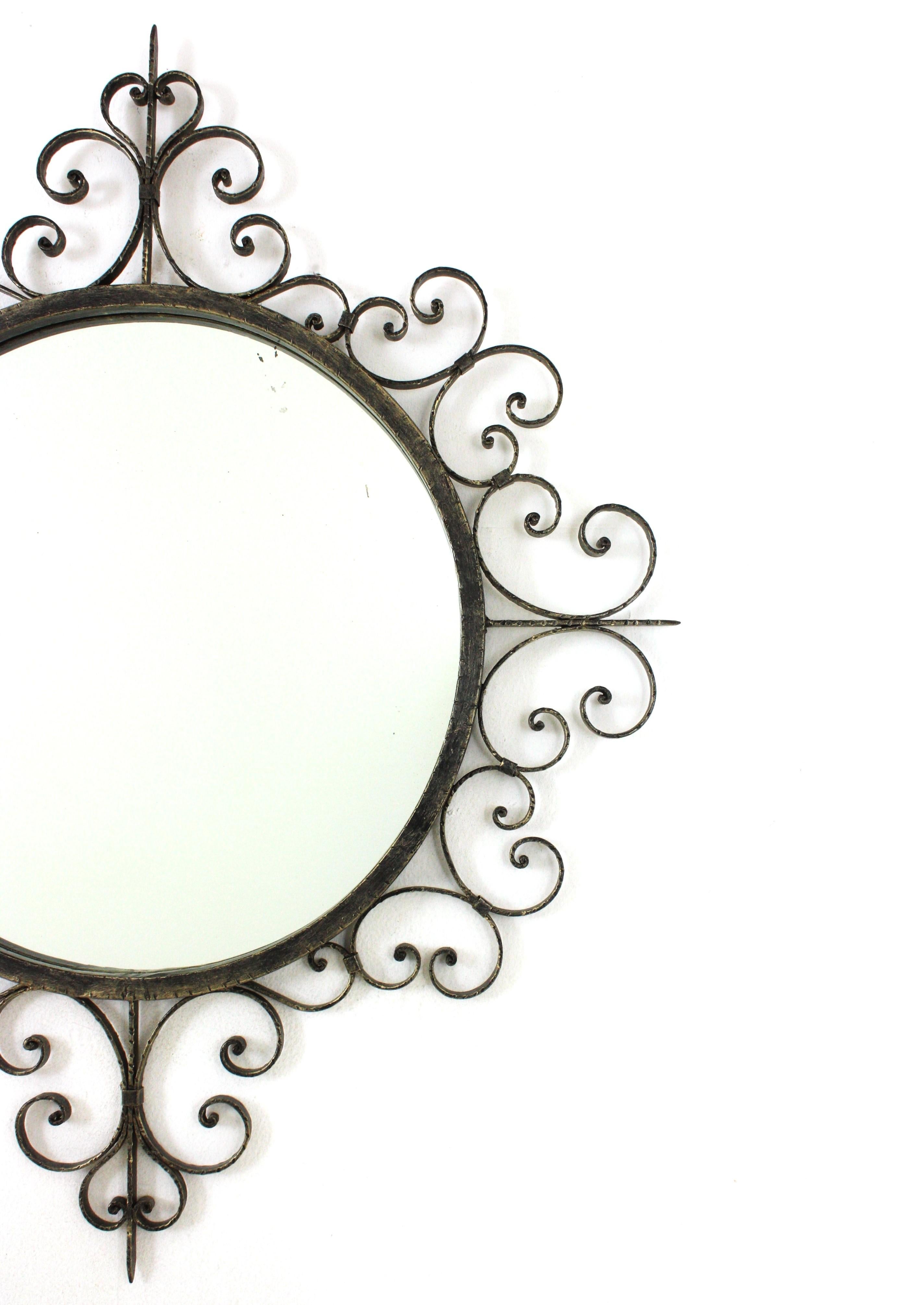 20th Century Wrought Iron Mirror with Scroll Work Frame, Spain, 1940s For Sale