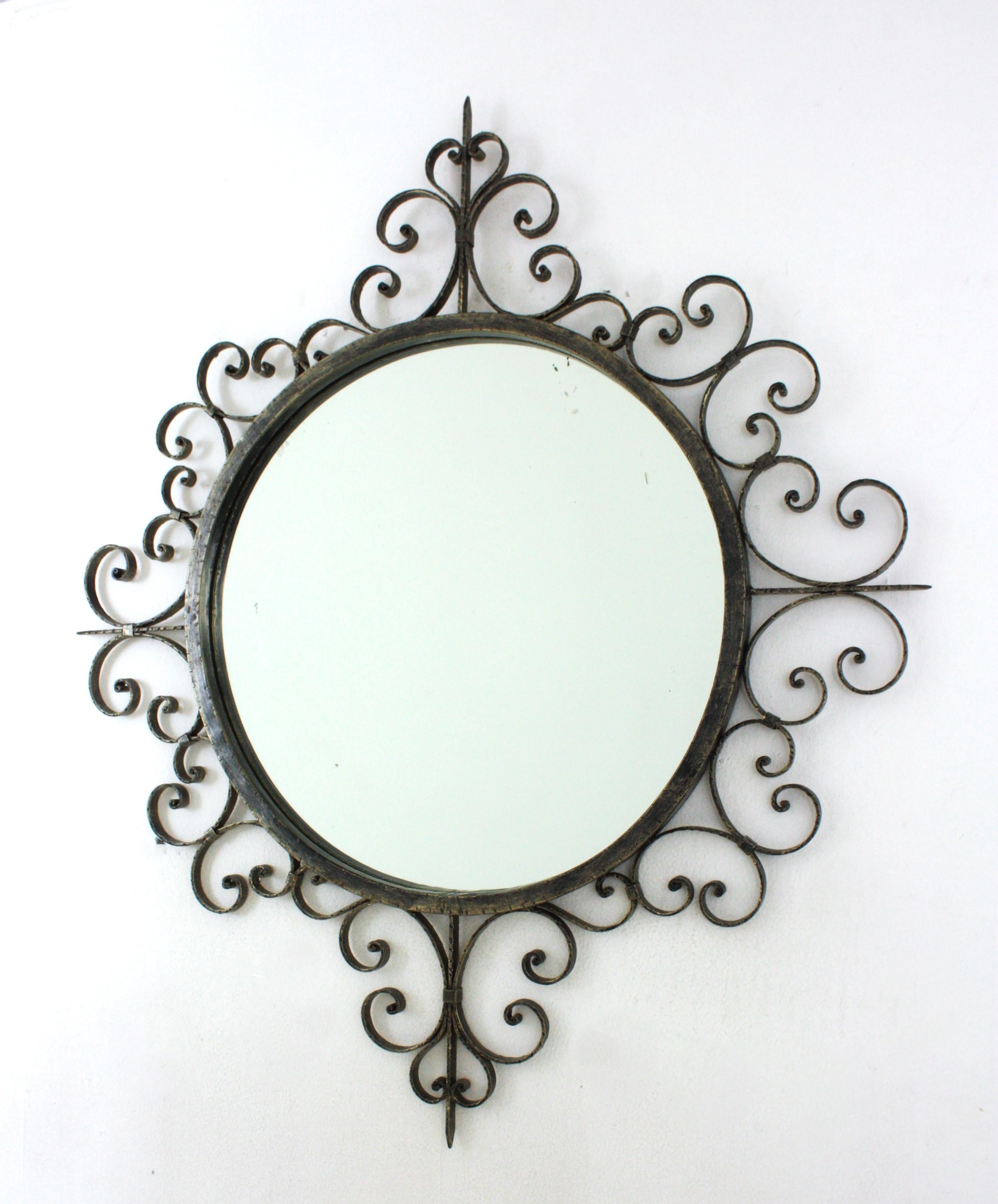 Wrought Iron Mirror with Scroll Work Frame, Spain, 1940s For Sale 1