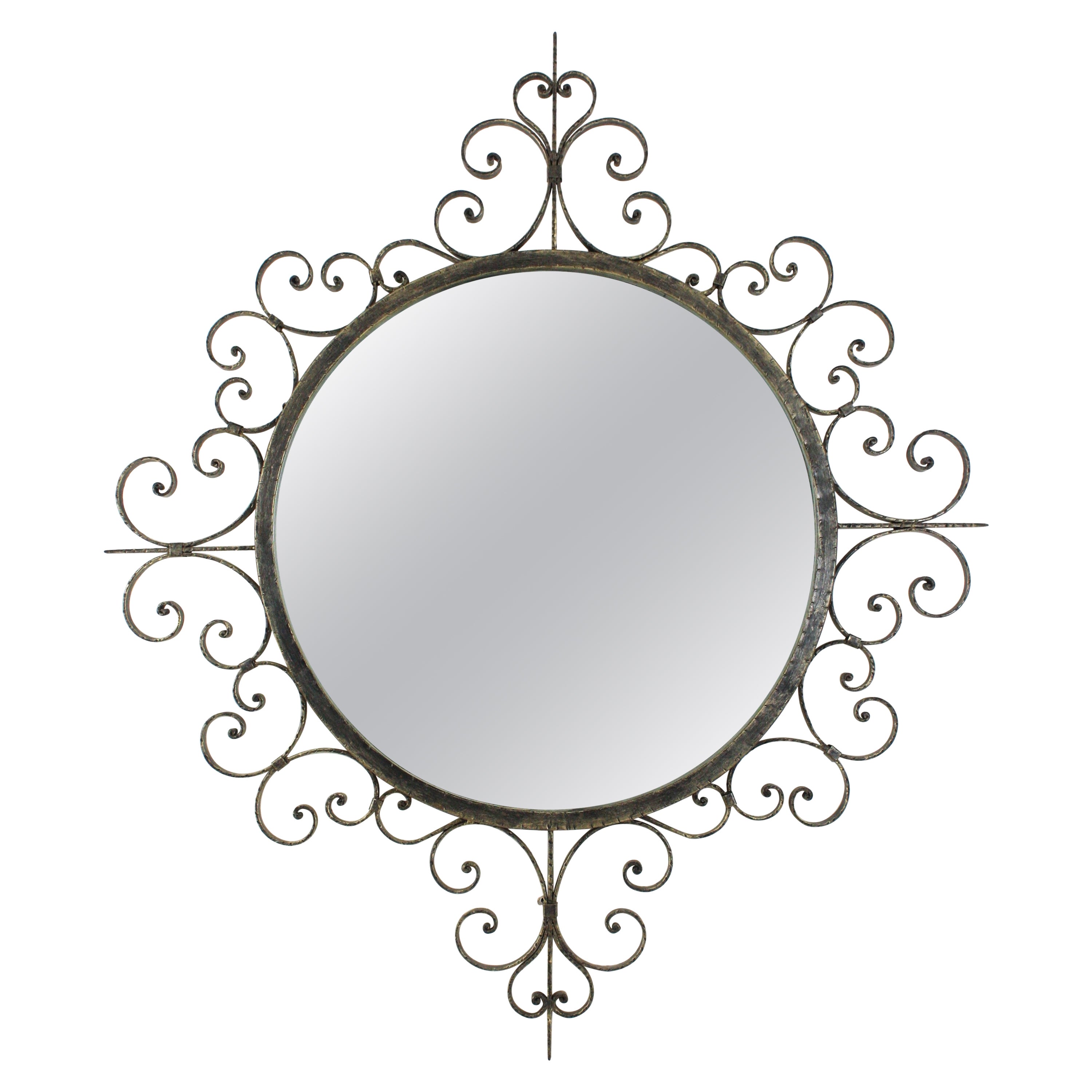 Miroir en fer forgé avec cadre à volutes, Espagne, années 1940