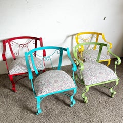 Wrought Iron Multi Colored Arm Chairs on Caster - Set of 4