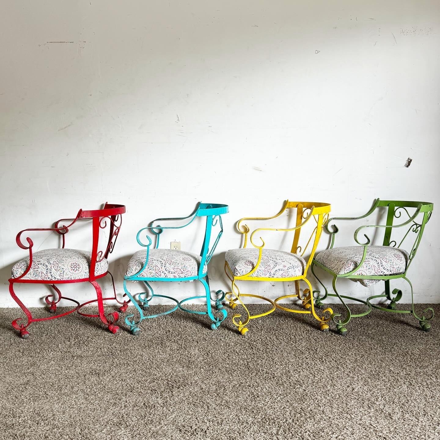American Wrought Iron Multi Colored Arm Chairs on Caster - Set of 4 For Sale