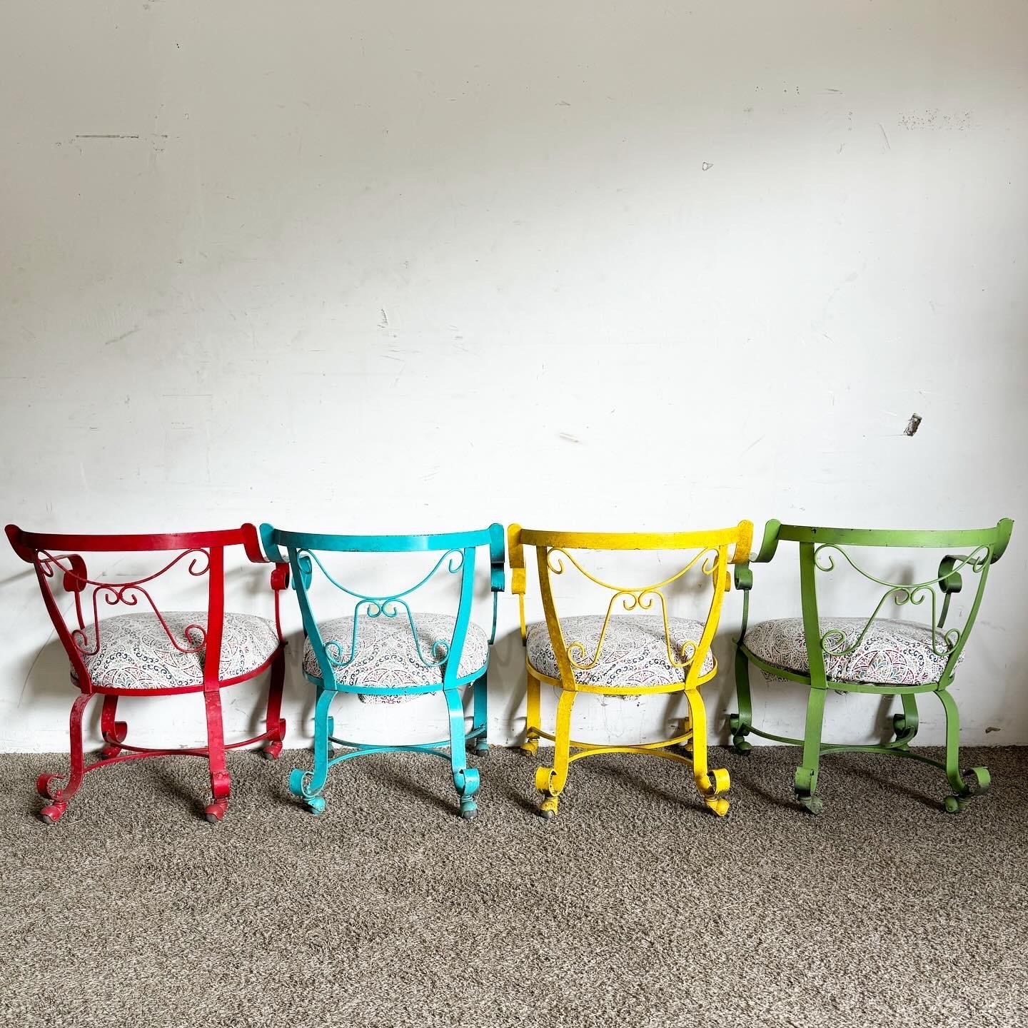 Wrought Iron Multi Colored Arm Chairs on Caster - Set of 4 In Good Condition For Sale In Delray Beach, FL