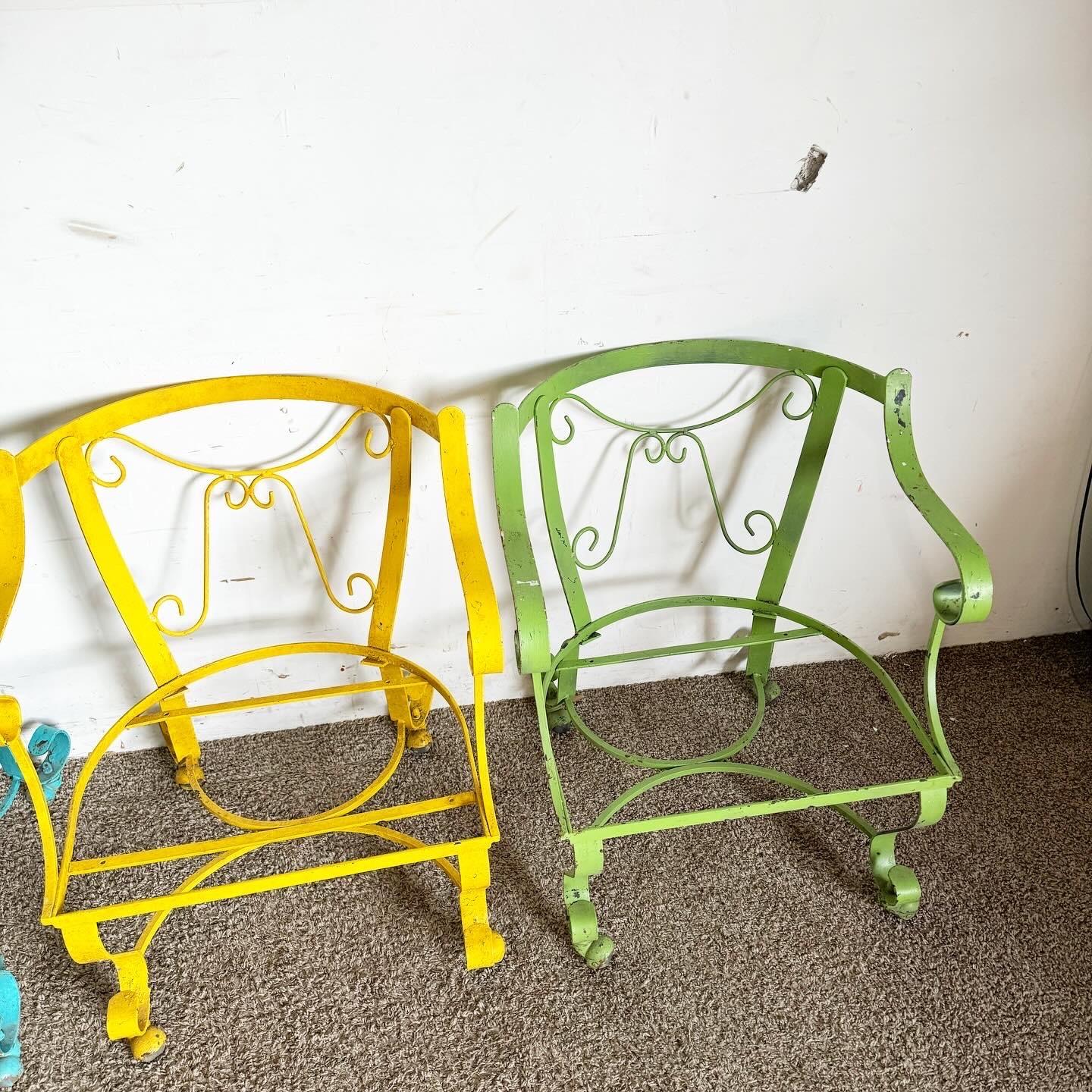 Late 20th Century Wrought Iron Multi Colored Arm Chairs on Caster - Set of 4 For Sale
