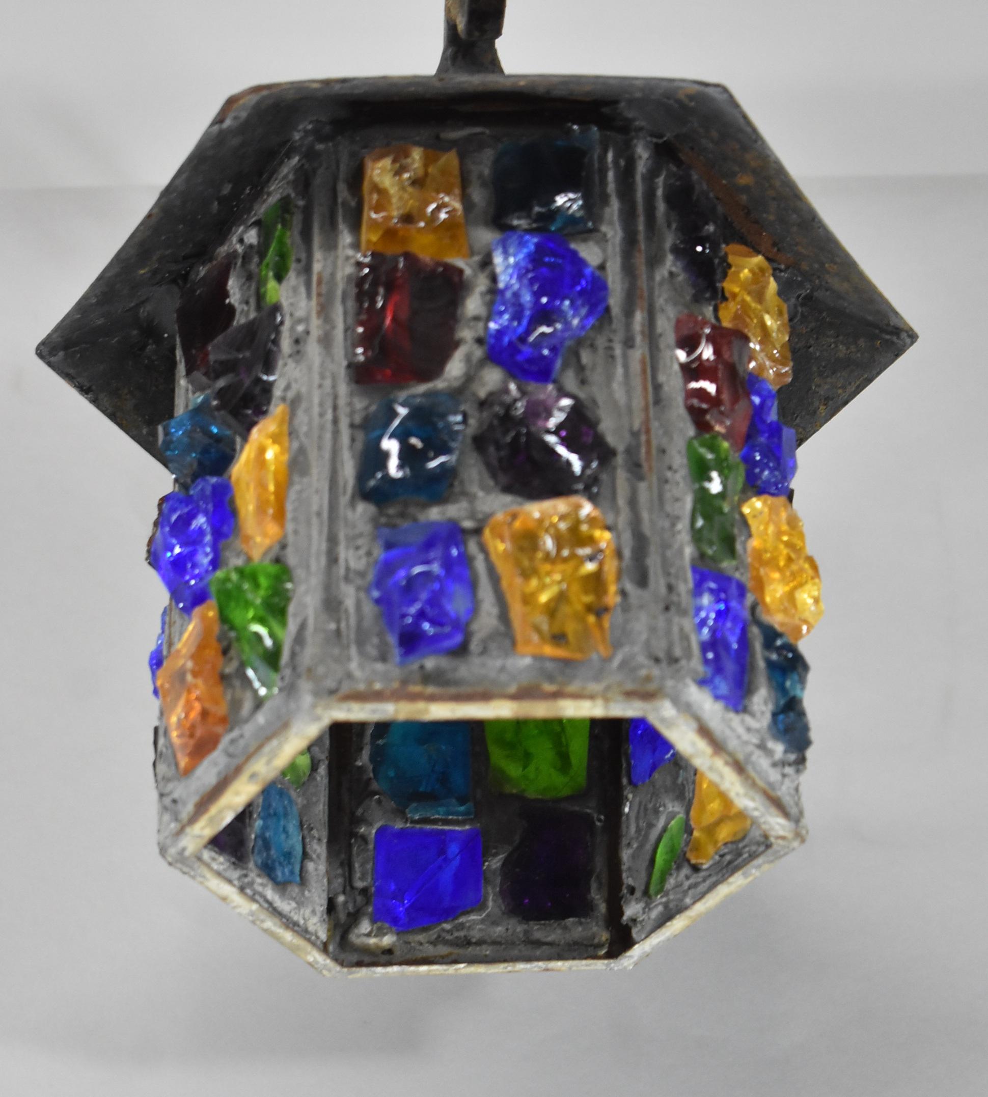 European Wrought Iron & Multicolored Chunk Glass Tudor Porch, Lantern Light Peter Marsh