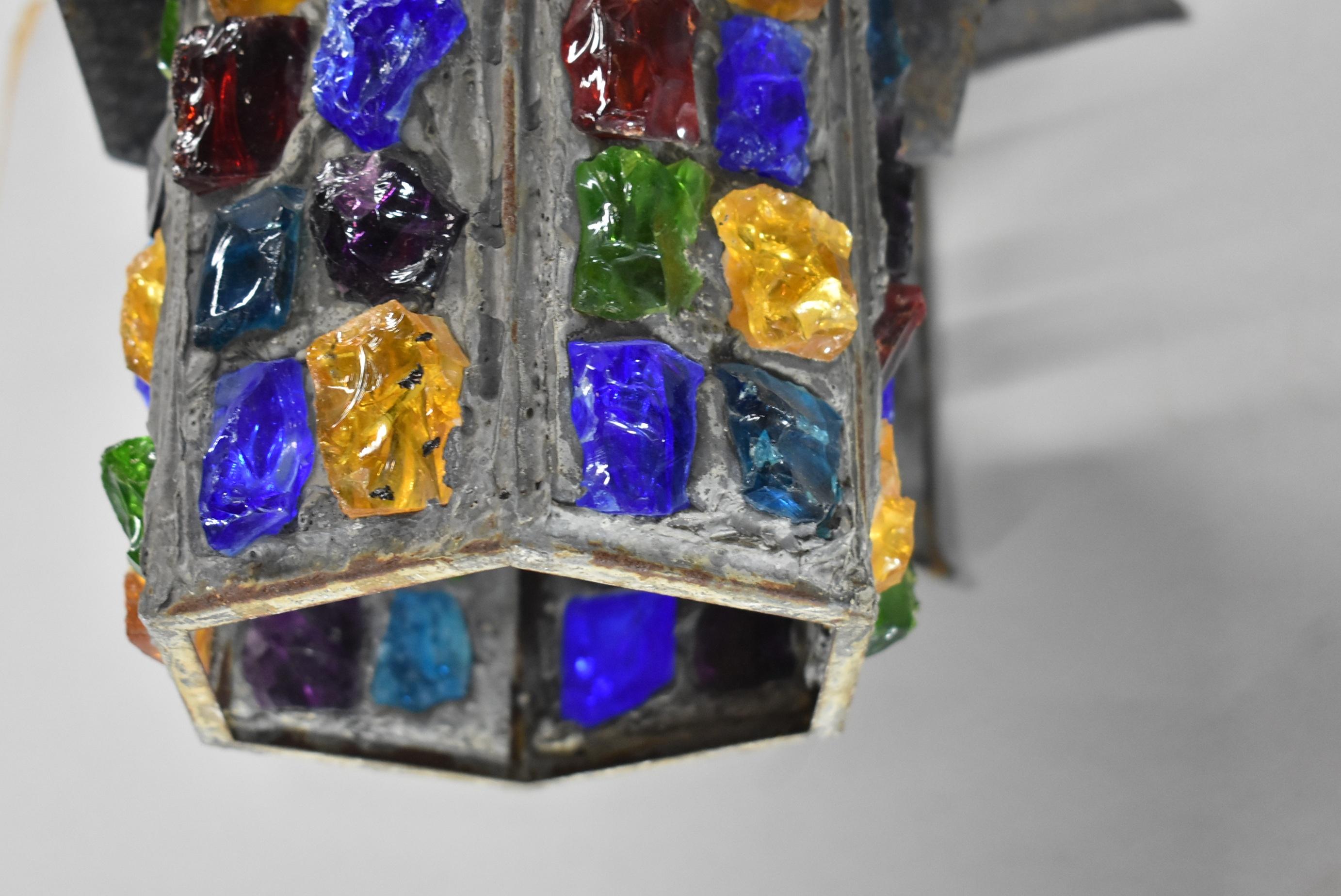 Forged Wrought Iron & Multicolored Chunk Glass Tudor Porch, Lantern Light Peter Marsh