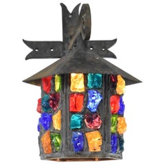 Wrought Iron & Multicolored Chunk Glass Tudor Porch, Lantern Light Peter Marsh
