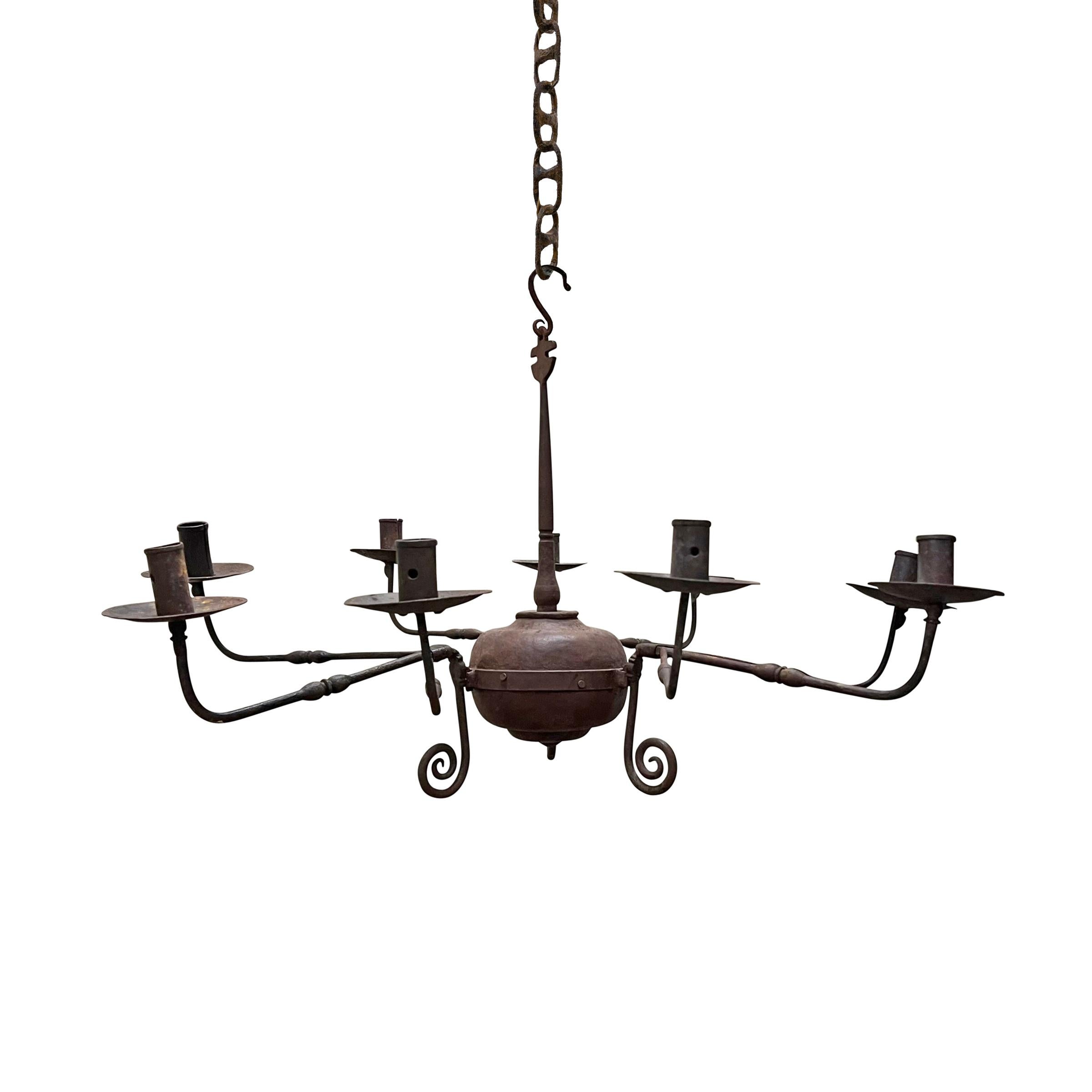 Wrought-Iron Nine-Arm Chandelier In Good Condition In Chicago, IL