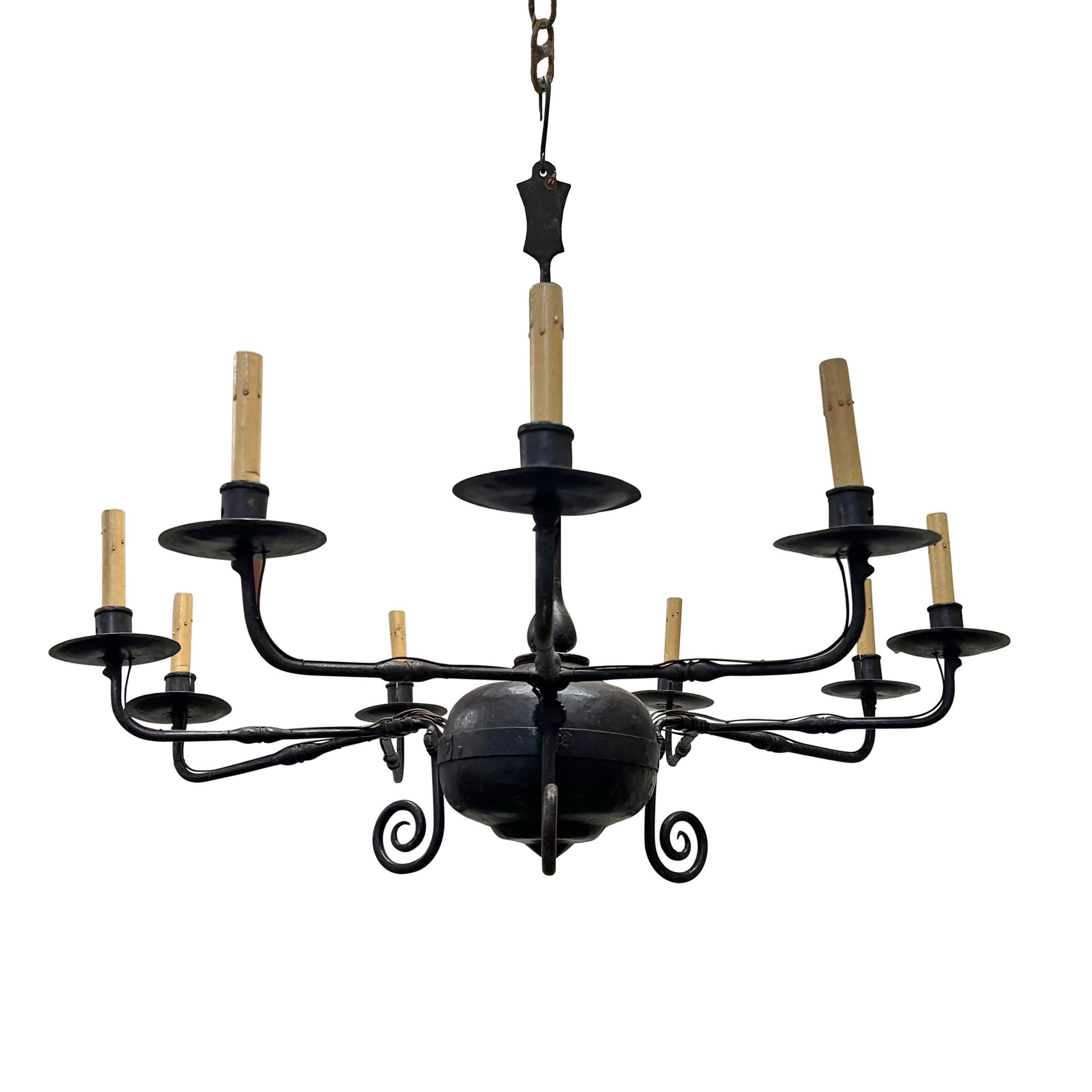 Wrought Iron Nine-Arm Chandelier In Good Condition In Chicago, IL