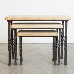 Wrought Iron Oak Nesting Tables, Set of Three