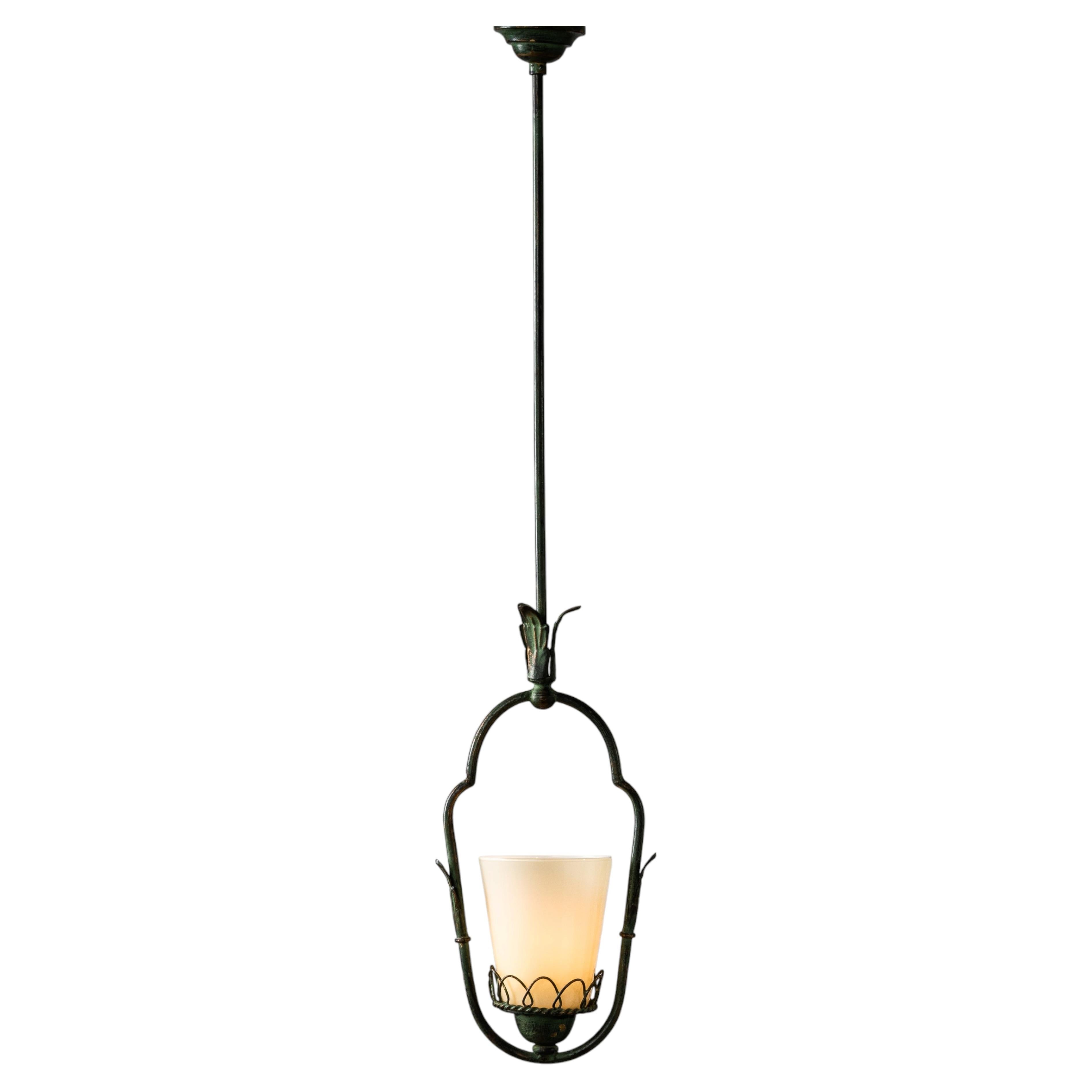 Wrought Iron & Opaline Glass Pendant, Finland, 1930s