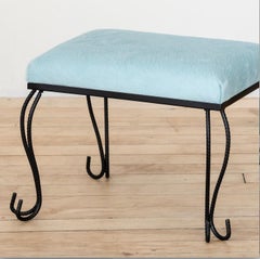 Wrought Iron Ottoman/Stool in Baby Blue Cowhide