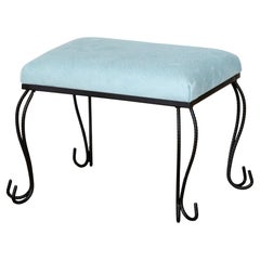 Schmiedeeisen-Ottomane/Hocker in babyblauem Rindsleder