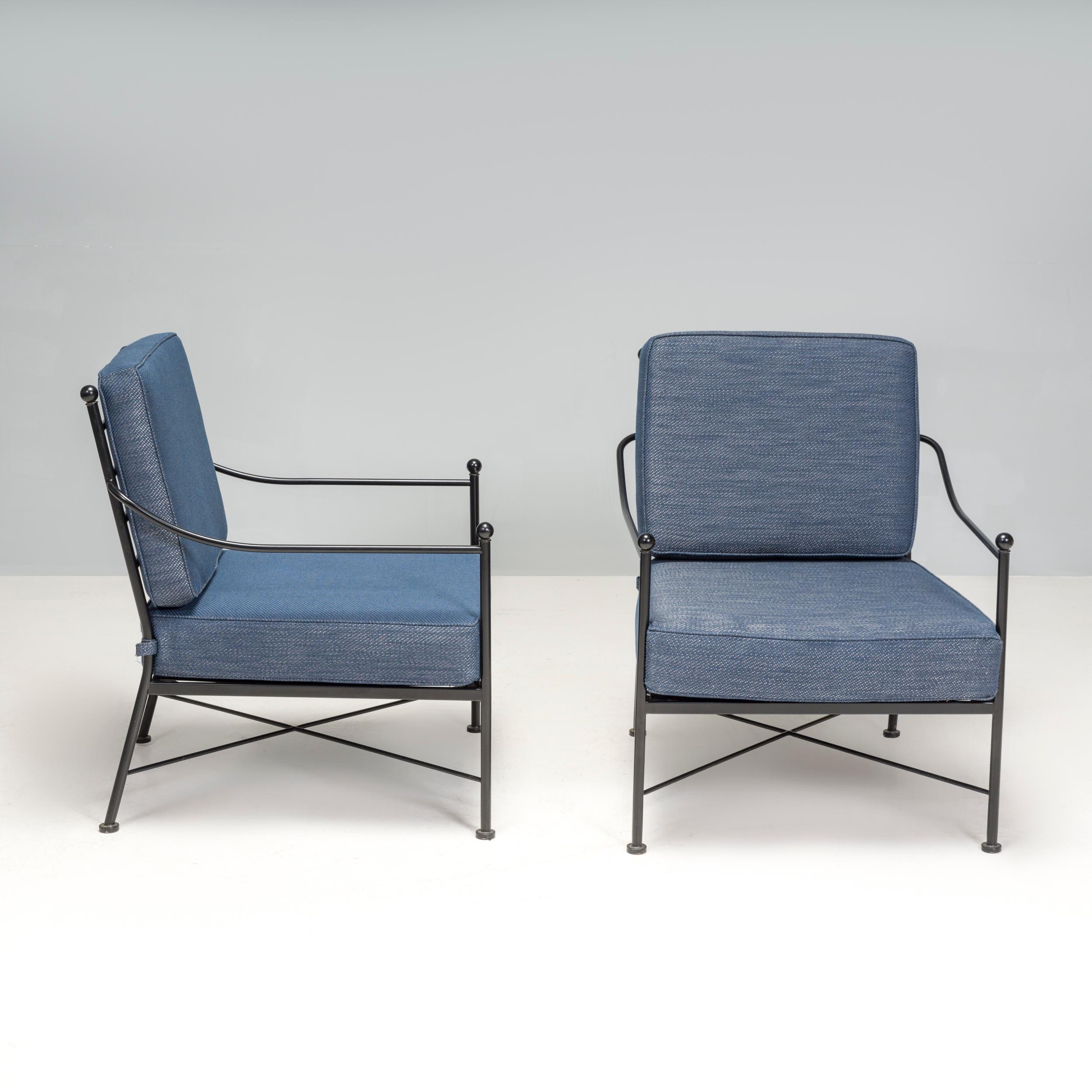 Industrial Wrought Iron Outdoor Blue Armchairs, Set of 2 For Sale