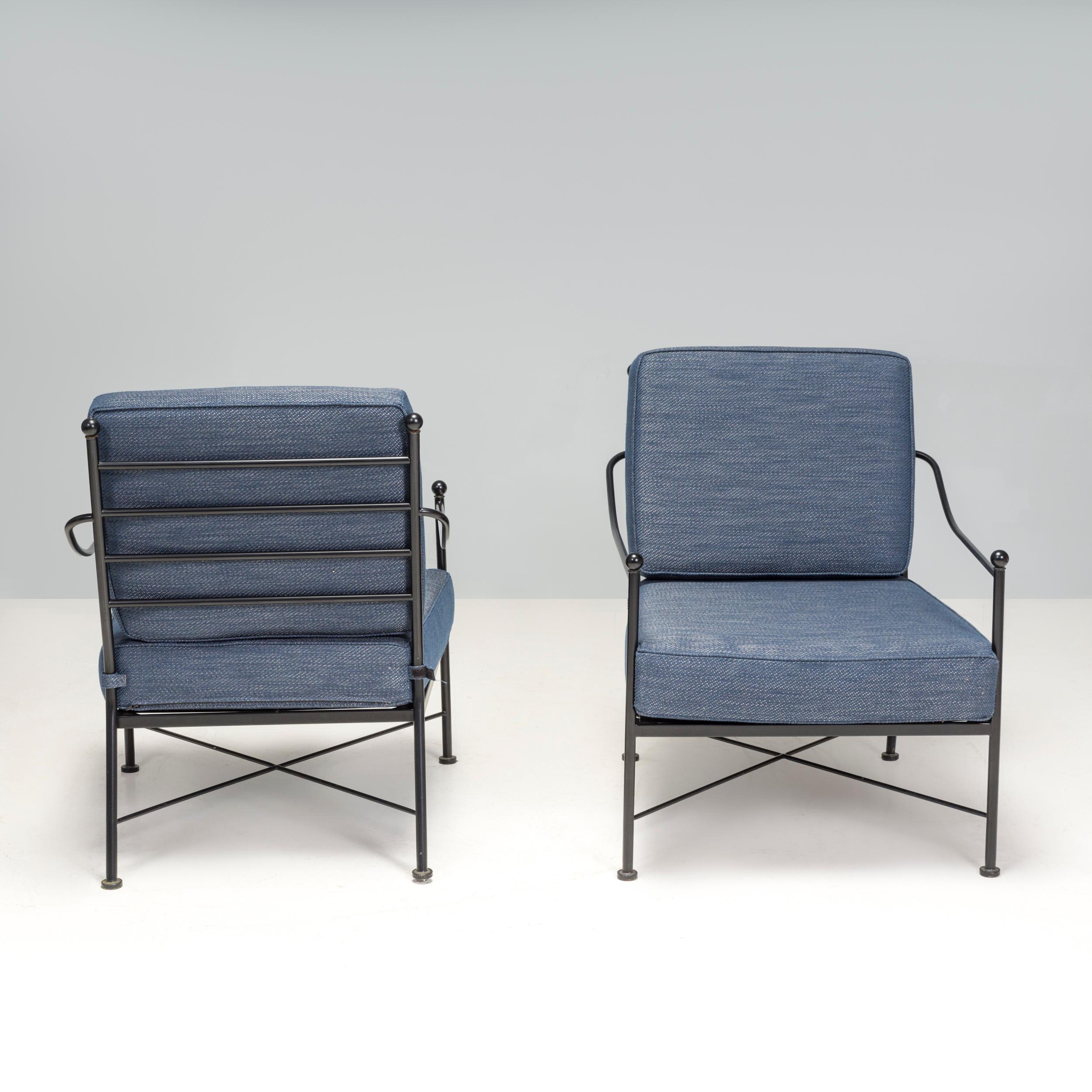 British Wrought Iron Outdoor Blue Armchairs, Set of 2 For Sale