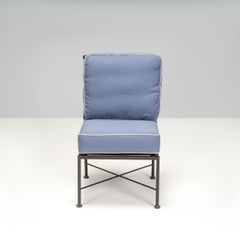 Wrought Iron Outdoor Light Blue and Cream Dining Chairs, Set of Six