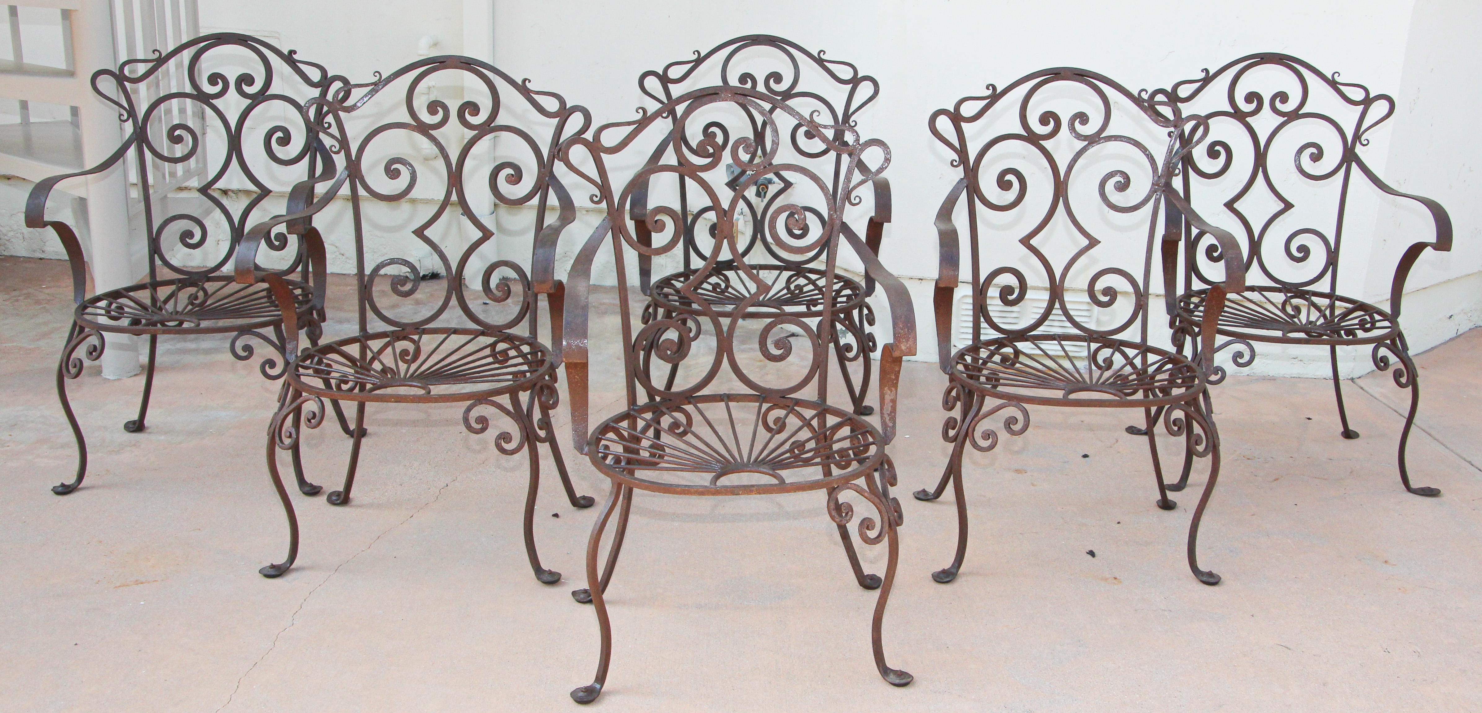 French Wrought Iron Outdoor Set of 6 Armchairs in Jean-Charles Moreux Style