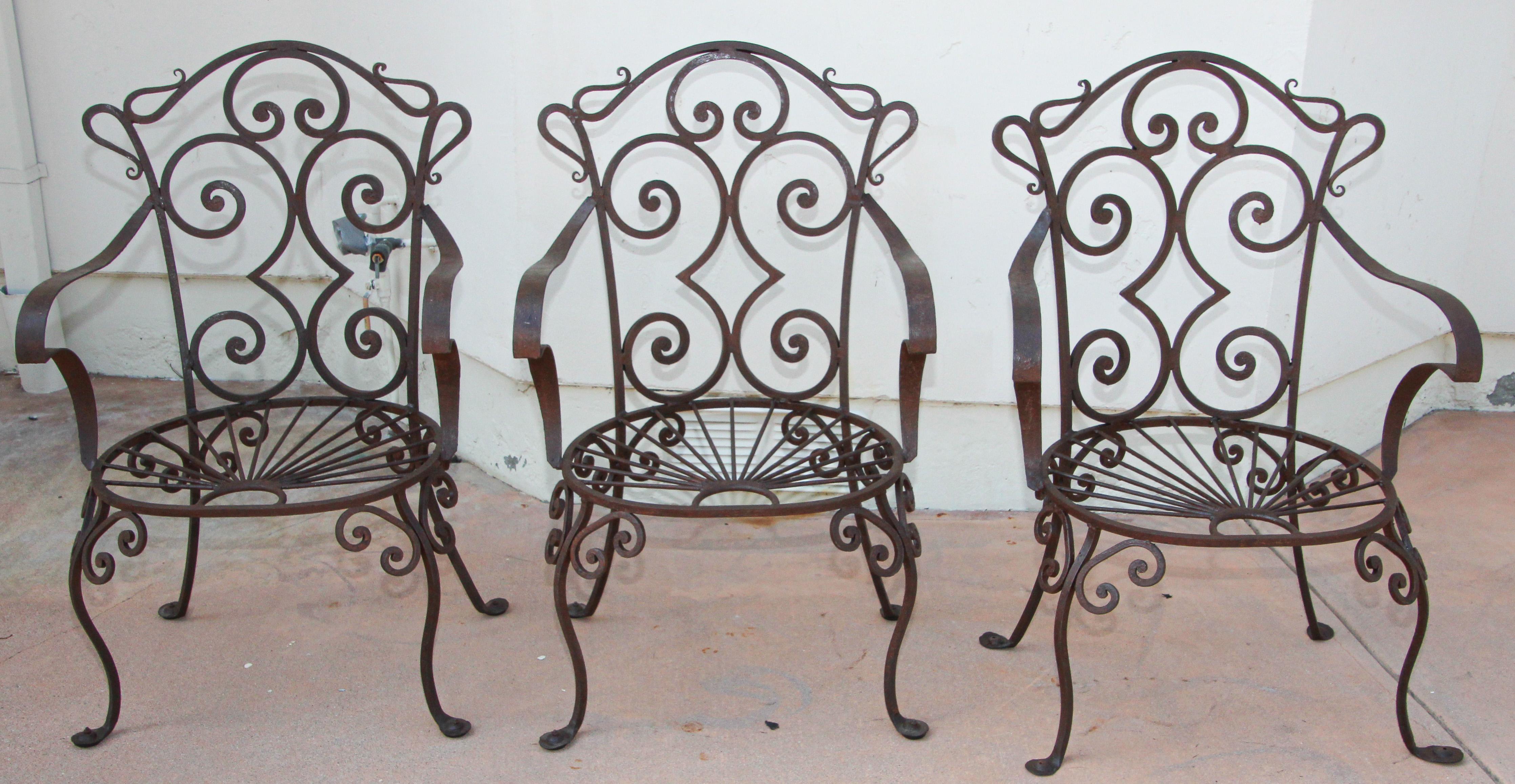 Hand-Crafted Wrought Iron Outdoor Set of 6 Armchairs in Jean-Charles Moreux Style