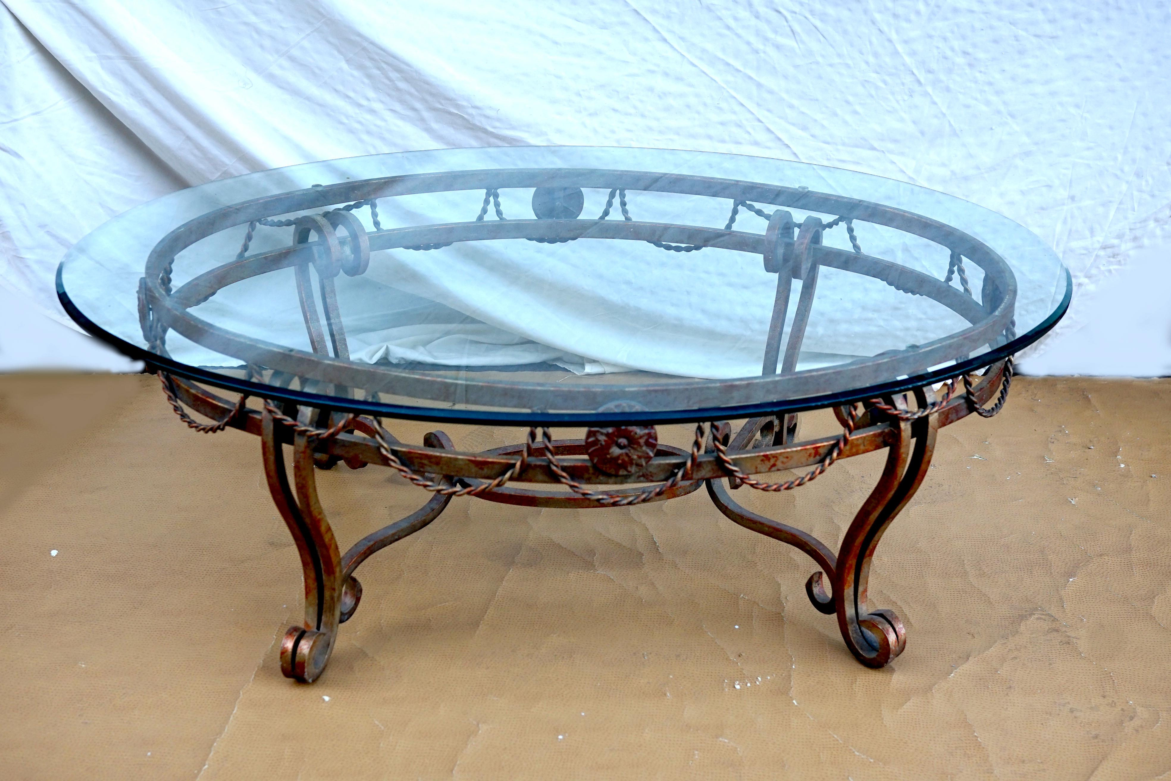 American Craftsman Wrought Iron Oval Coffee Table For Sale