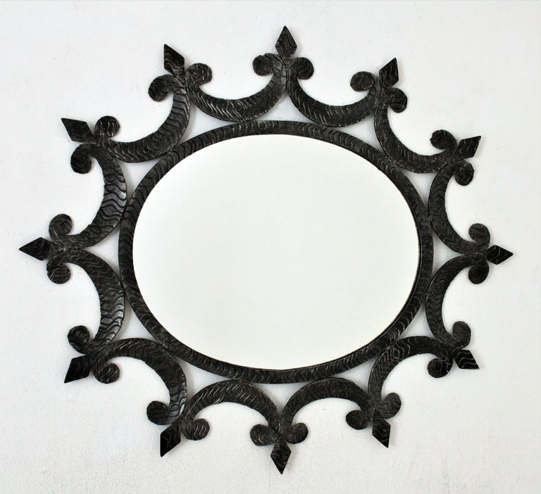 Wrought Iron Oval Sunburst Mirror With Scroll Details And Brutalist Design For Sale At 1stdibs