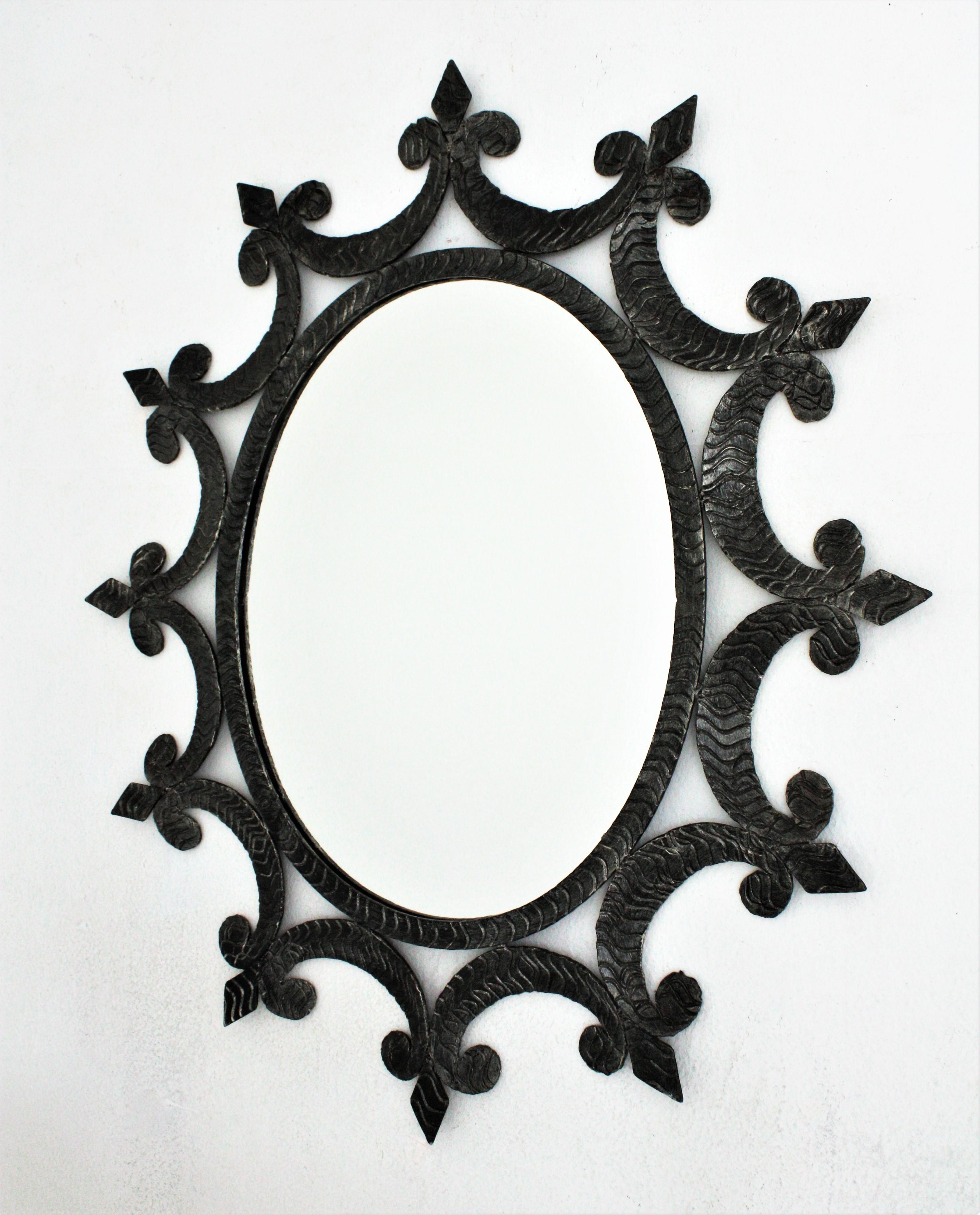 Forged Sunburst Oval Mirror in Wrought Iron, Brutalist For Sale