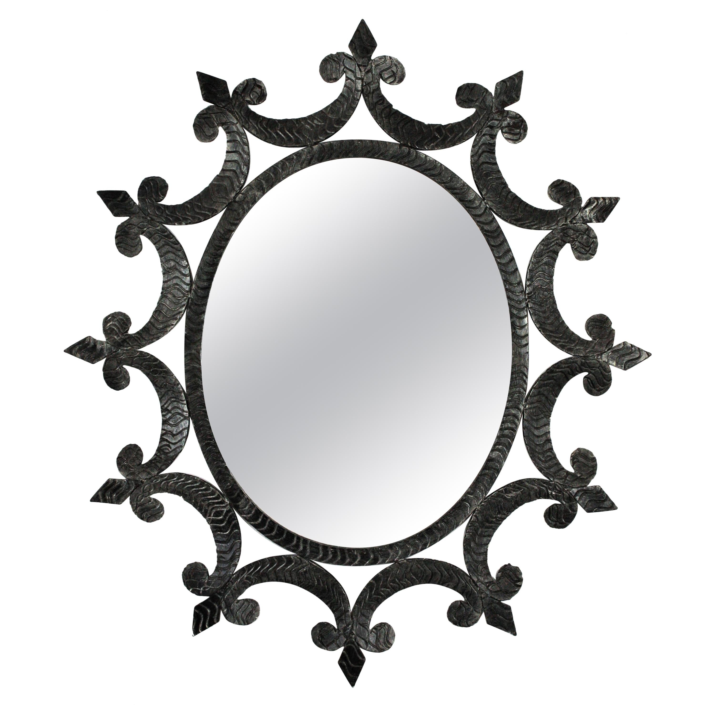 Sunburst Brutalist Oval Mirror in Wrought Iron