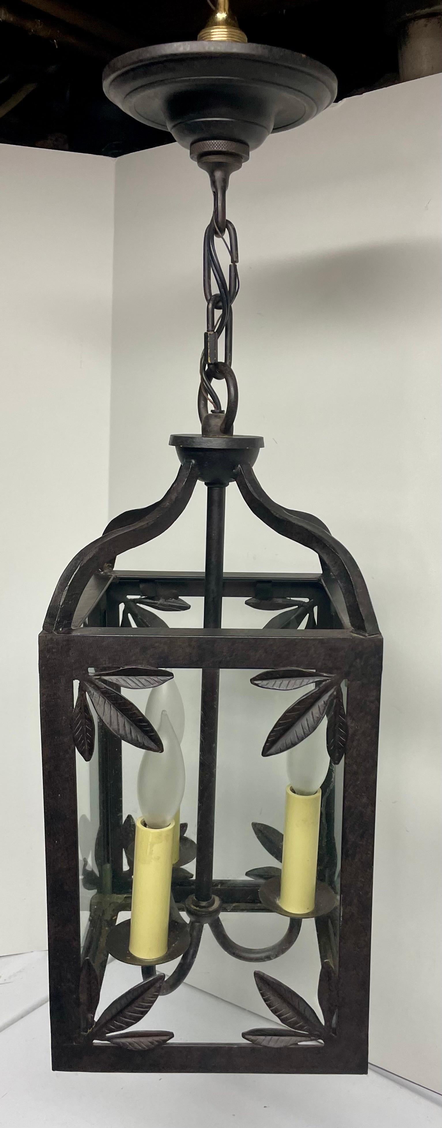 Hollywood Regency Wrought Iron Palm Leaf Pendant Chandelier For Sale