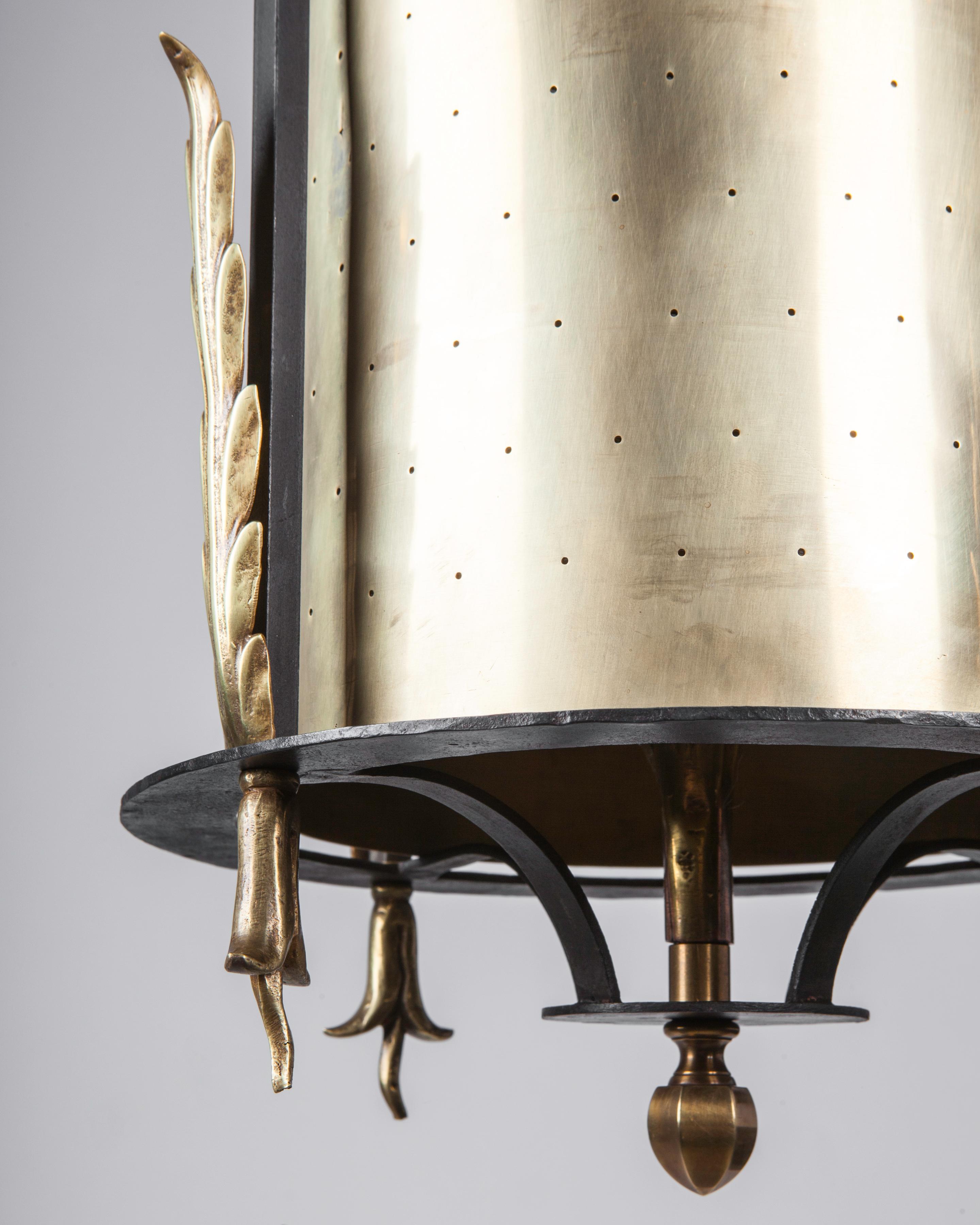 Arts and Crafts Wrought Iron Pendant Lantern with Pierced Brass Cylinder Shade, Circa 1950s For Sale