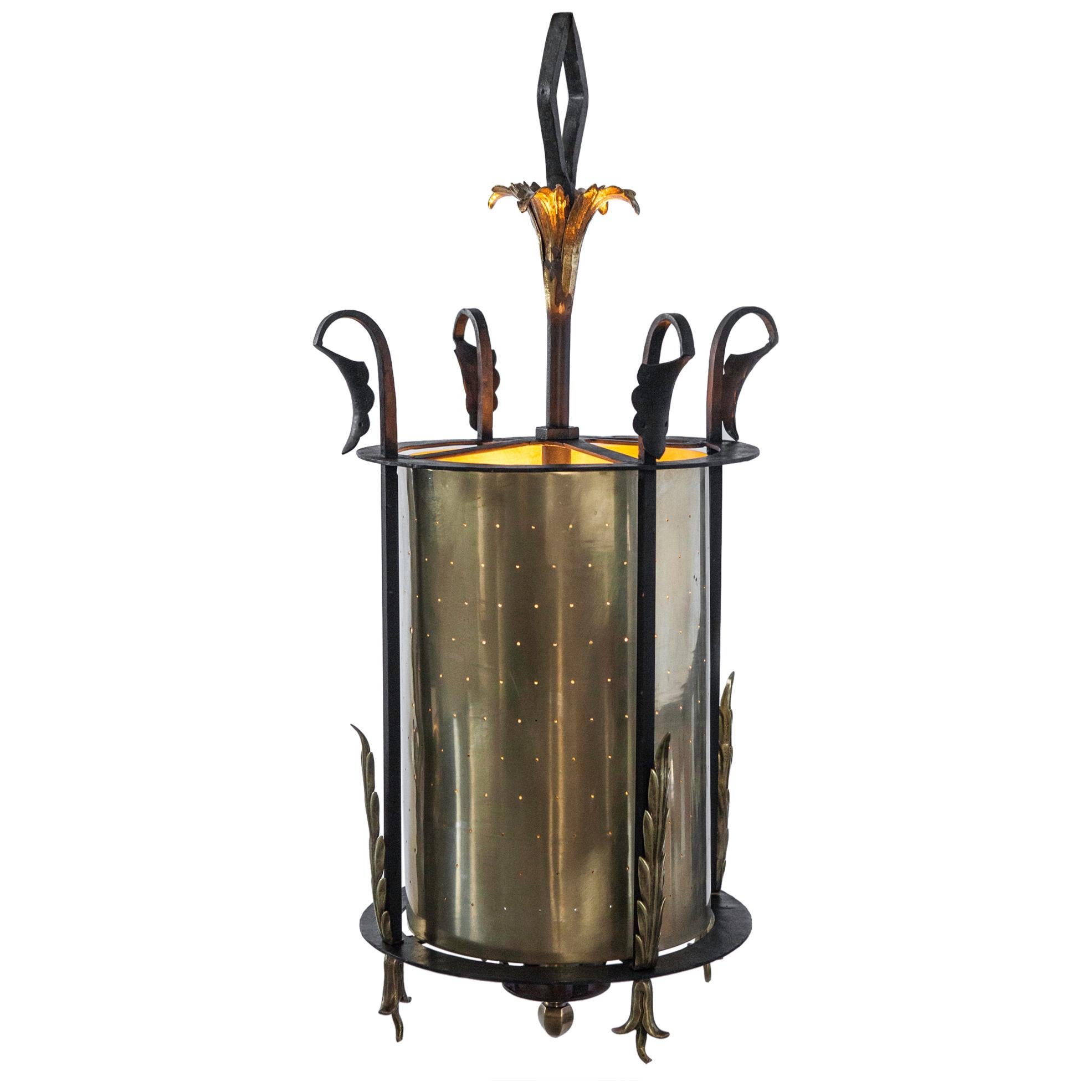 Wrought Iron Pendant Lantern with Pierced Brass Cylinder Shade, Circa 1950s For Sale