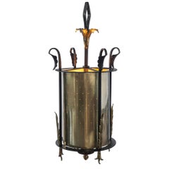 Vintage Wrought Iron Pendant Lantern with Pierced Brass Cylinder Shade, Circa 1950s