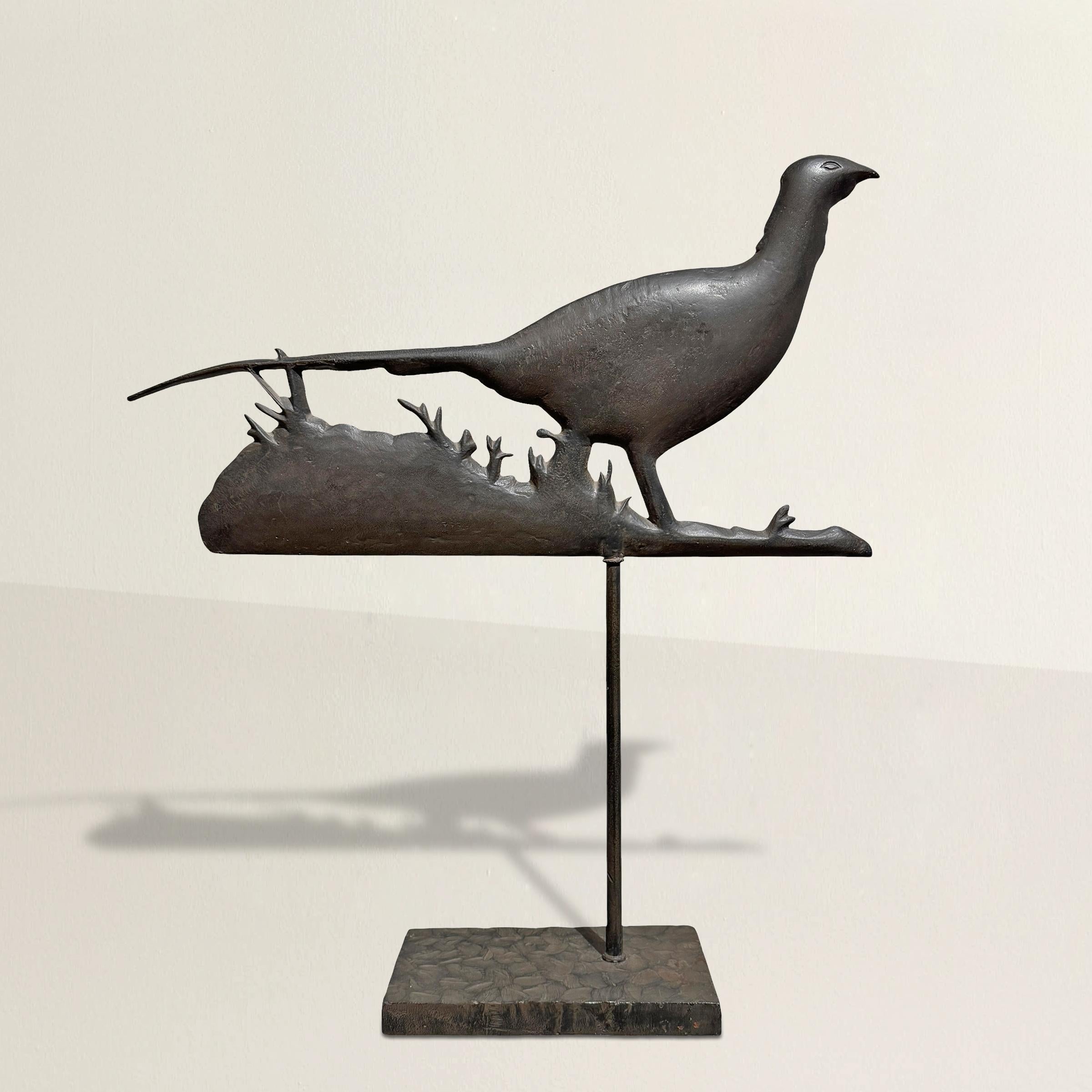 Véritable pièce d'art populaire américain, cette girouette en fer forgé à la main représente un faisan en pleine course, se tenant fièrement au sommet d'un carré d'herbe. Fabriqué par un artisan inconnu au XXe siècle, il est entièrement unique en