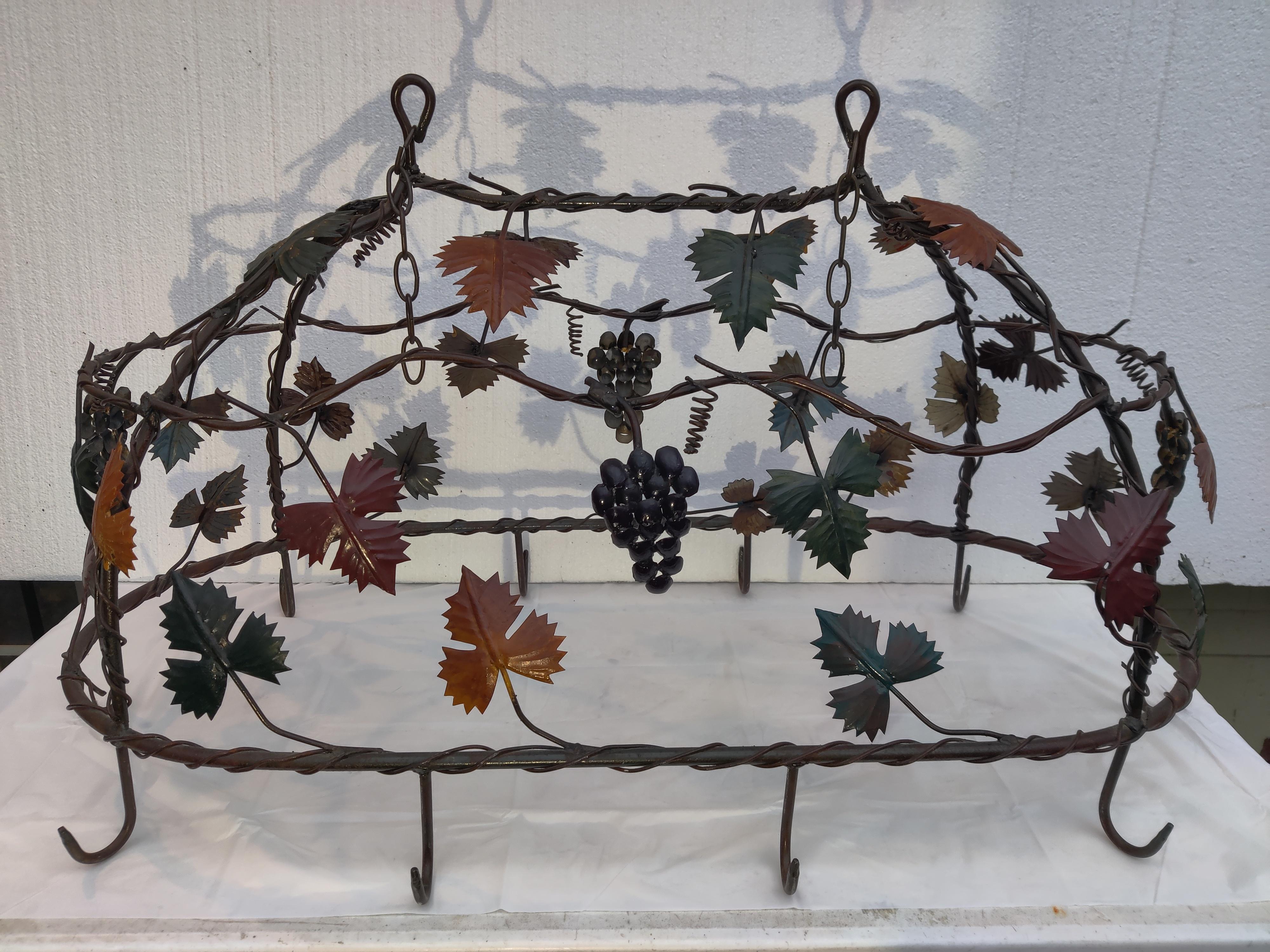 Wrought iron pot rack with leaves and grapes For Sale 10