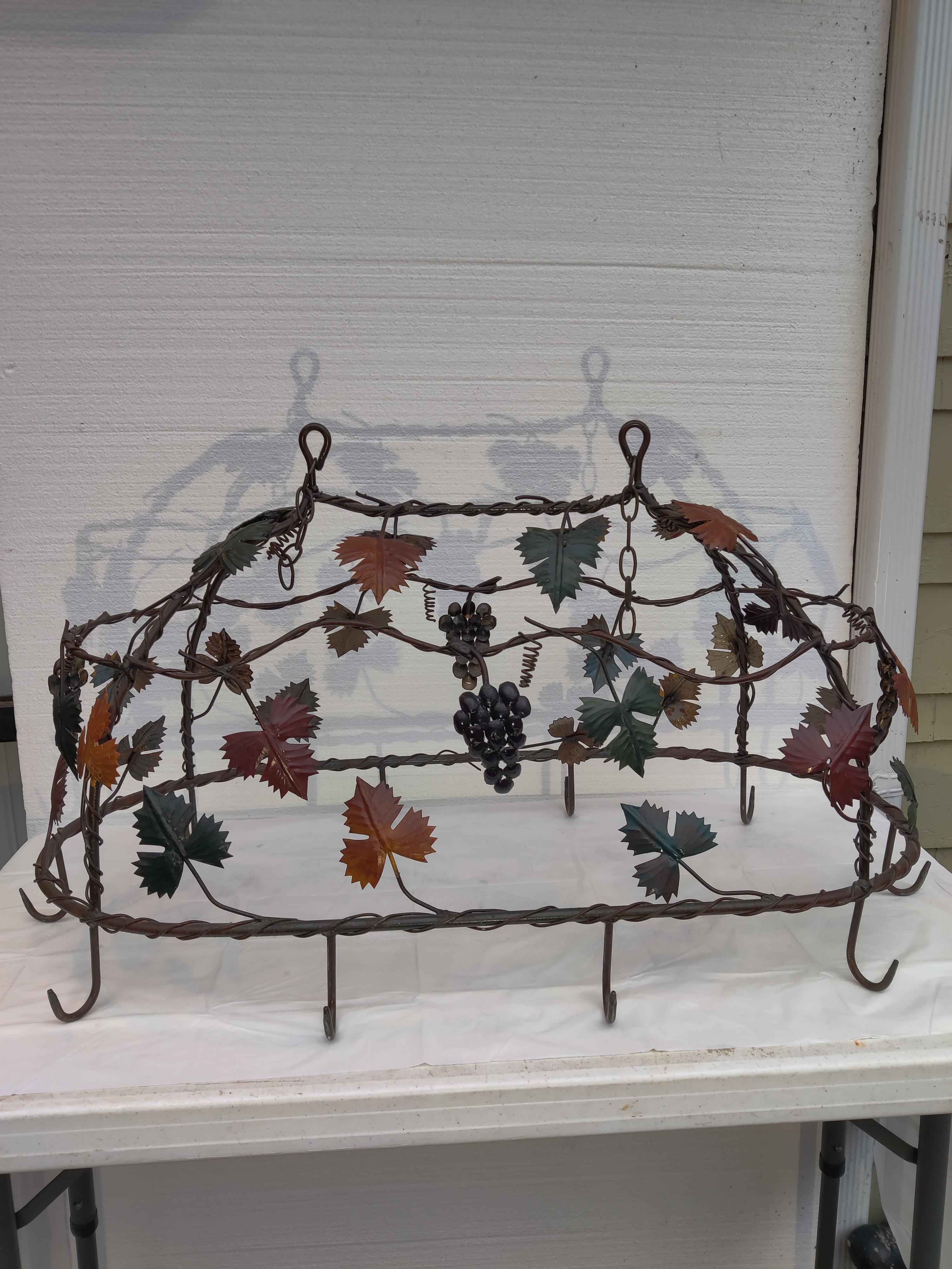Wrought iron pot rack with leaves and grapes In Fair Condition For Sale In Cincinnati, OH