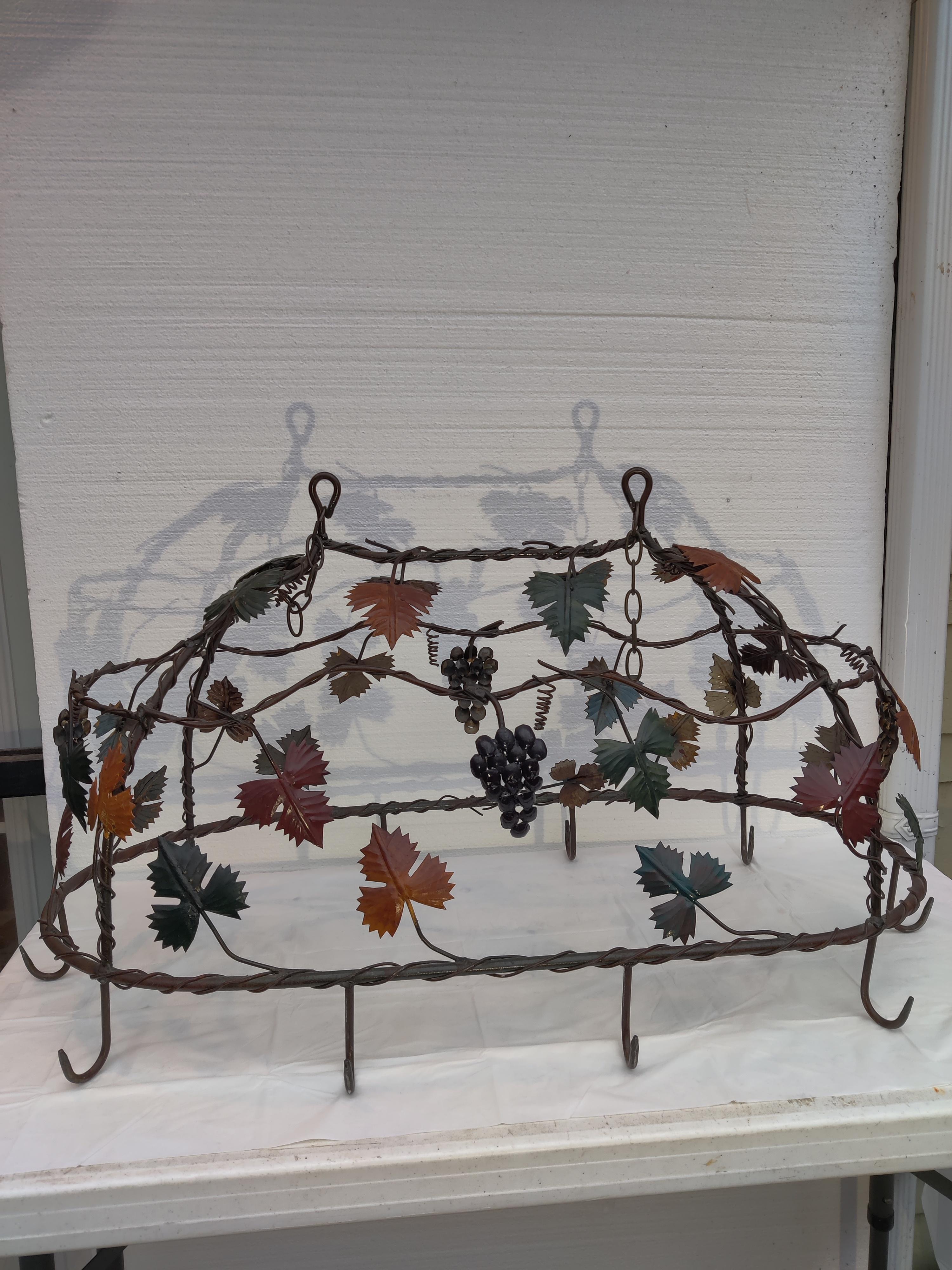 20th Century Wrought iron pot rack with leaves and grapes For Sale