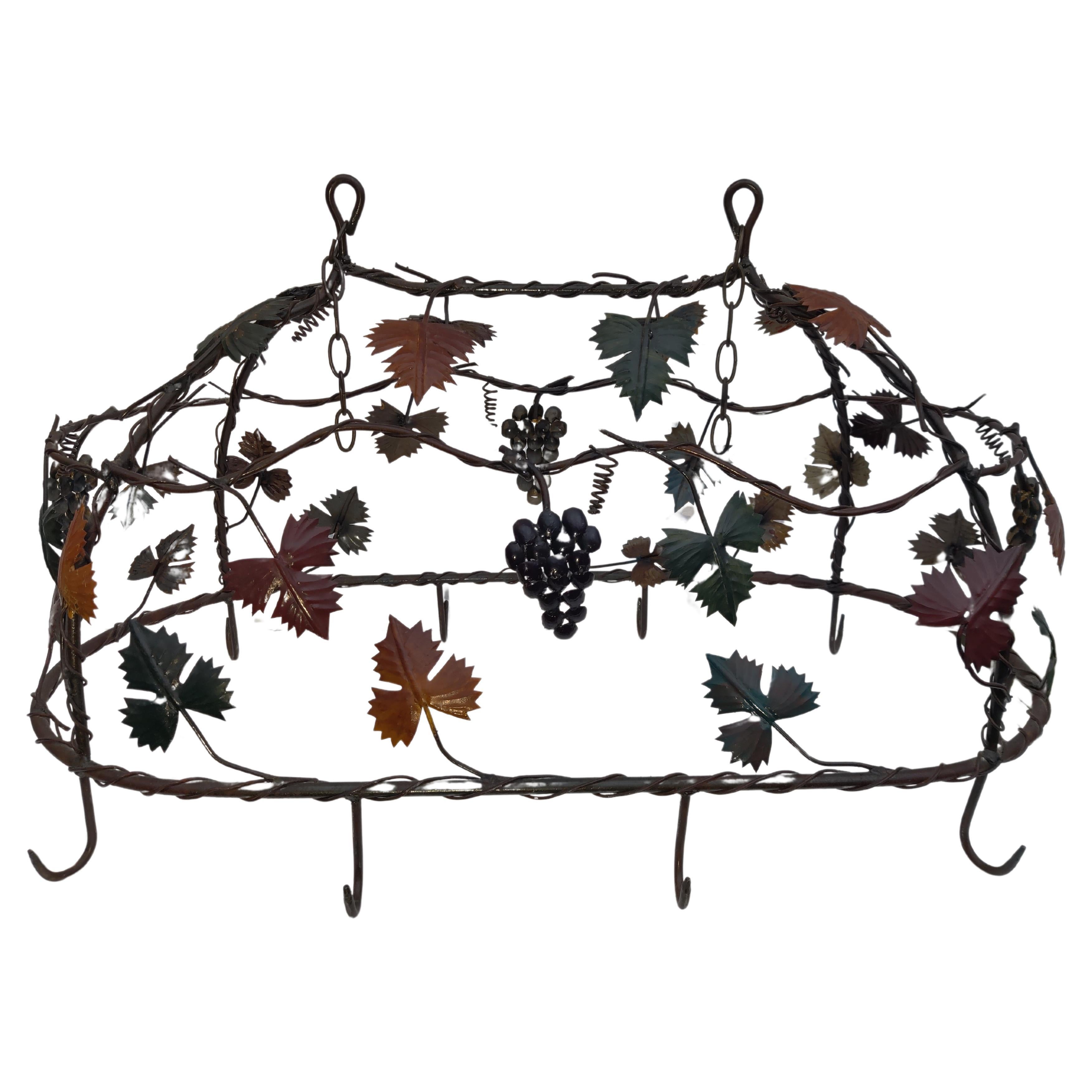 Wrought iron pot rack with leaves and grapes For Sale