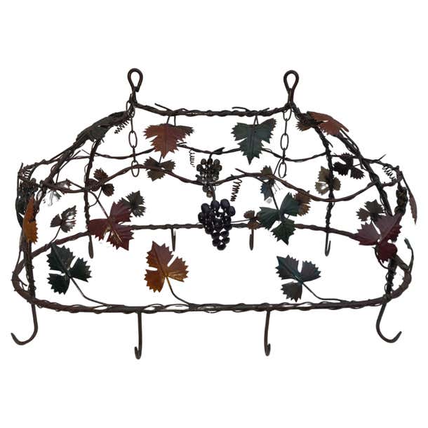 Wrought iron pot rack with leaves and grapes For Sale at 1stDibs