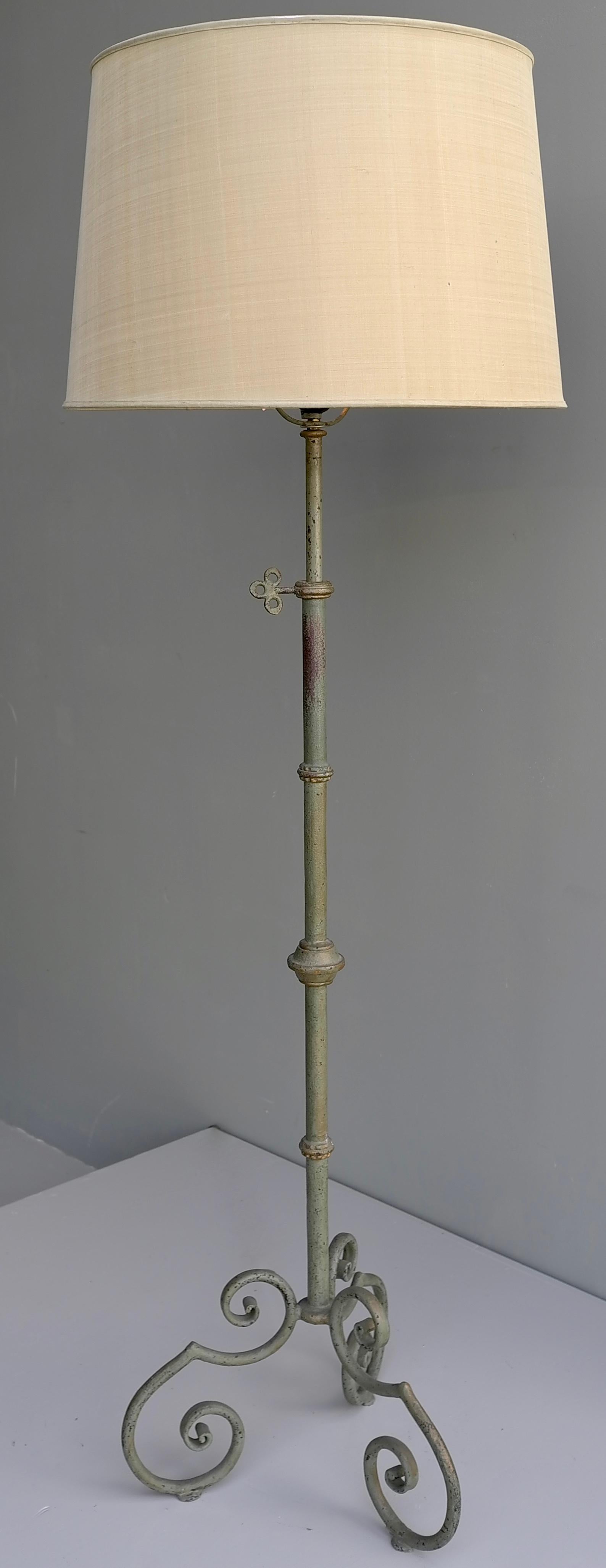 French Wrought Iron Provincial Green Patina Floorlamp with Silk Shade, France, 1940's For Sale
